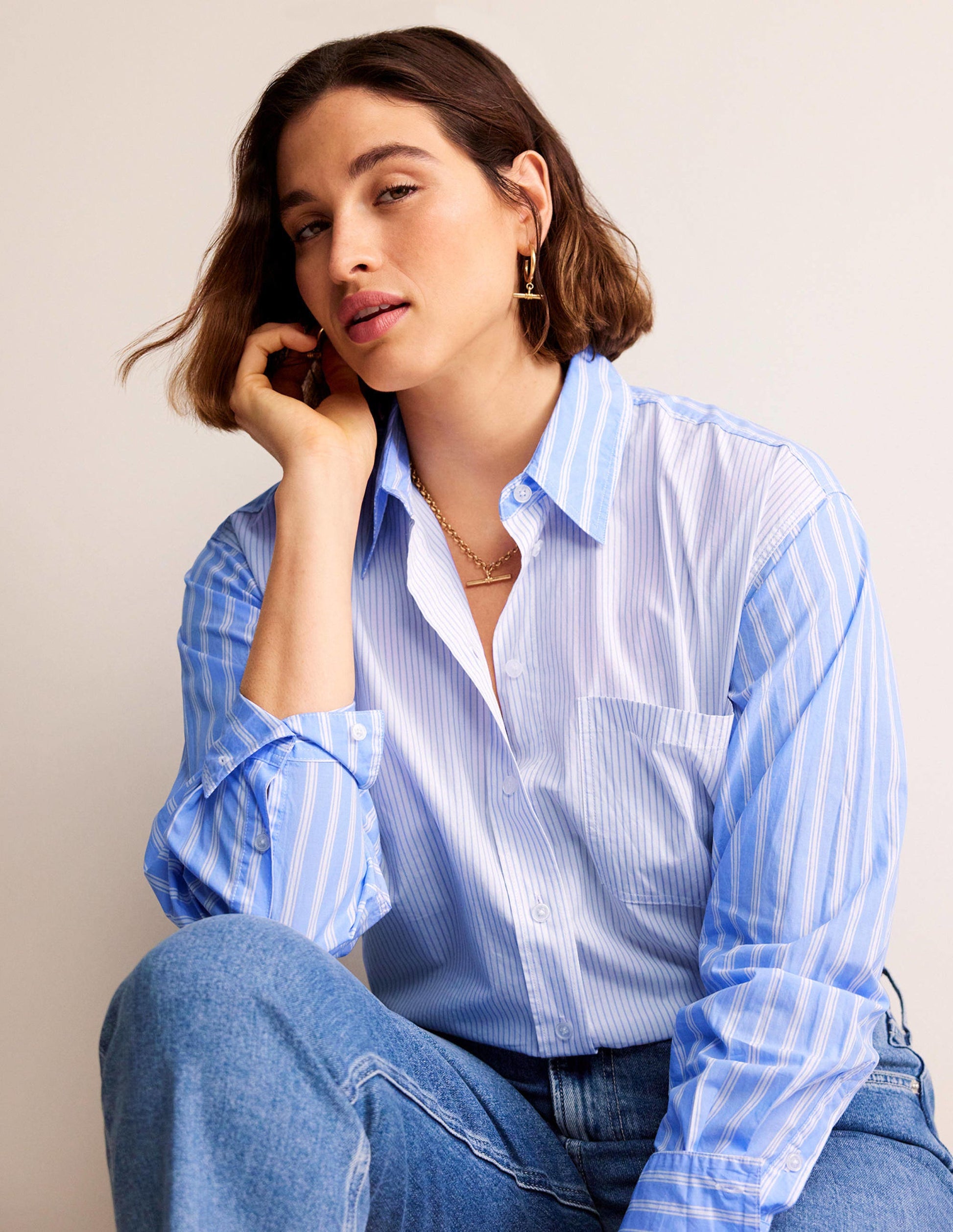 Connie Relaxed Cotton Shirt-Ivory, Blue Hotch Stripe-7