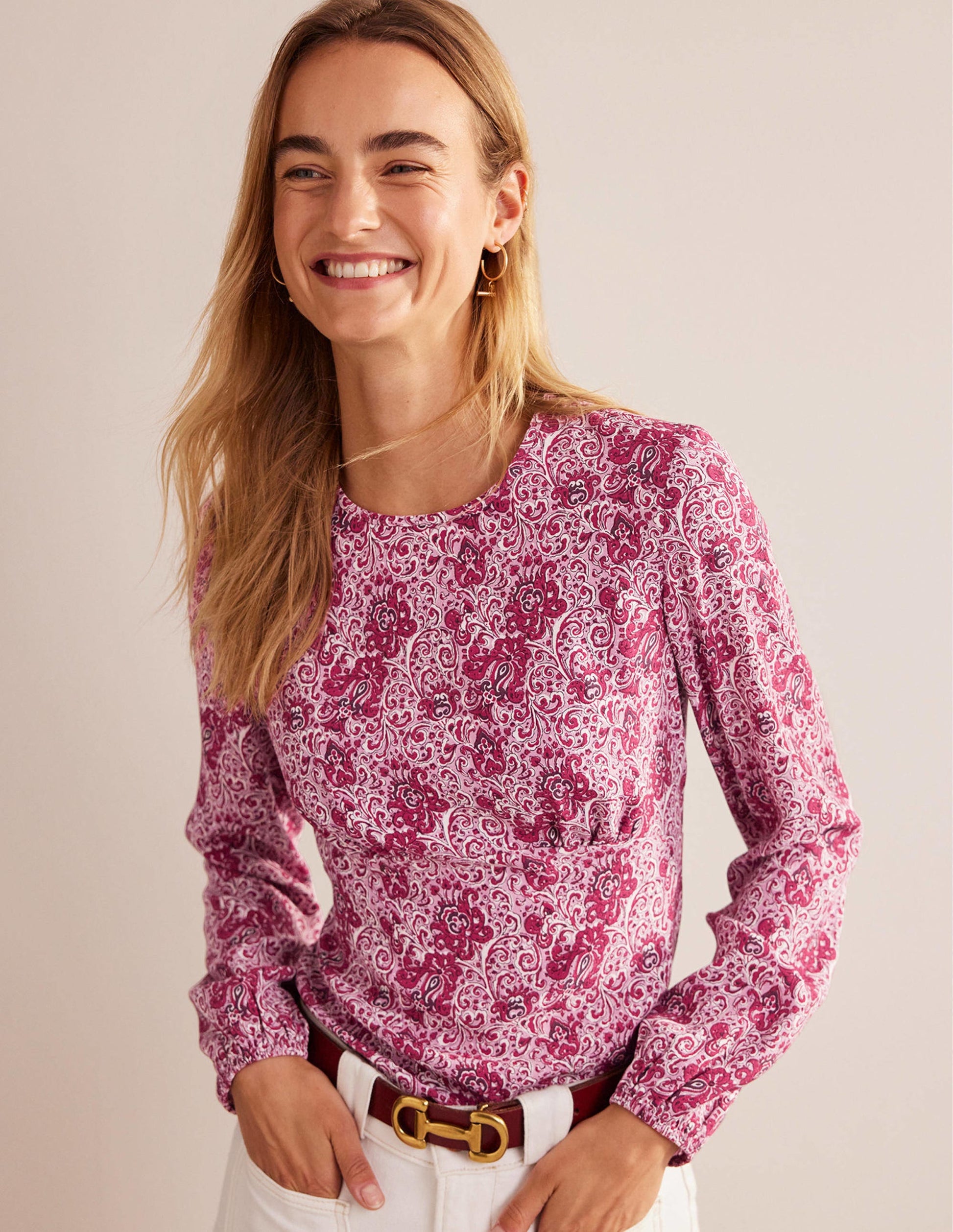 Empire-Waist Long-Sleeve Top-Strawberry Sherbet, Botanic-1