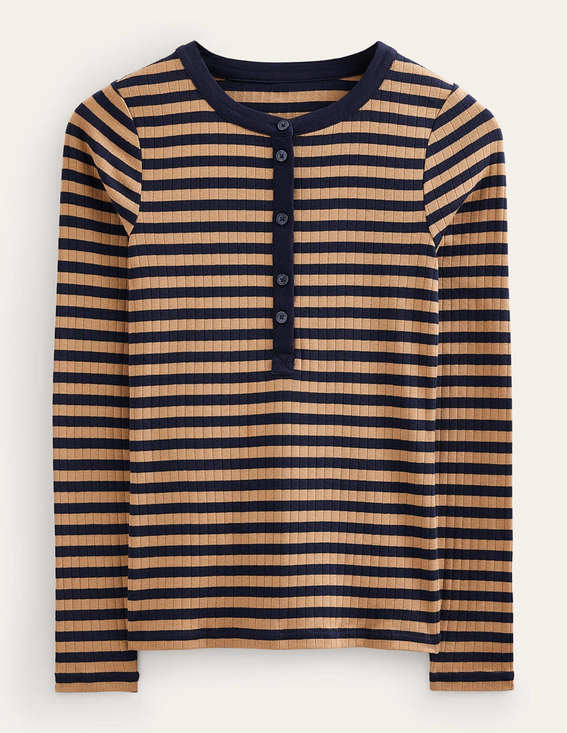 Anna Rib Henley T-Shirt-Navy, Camel-5