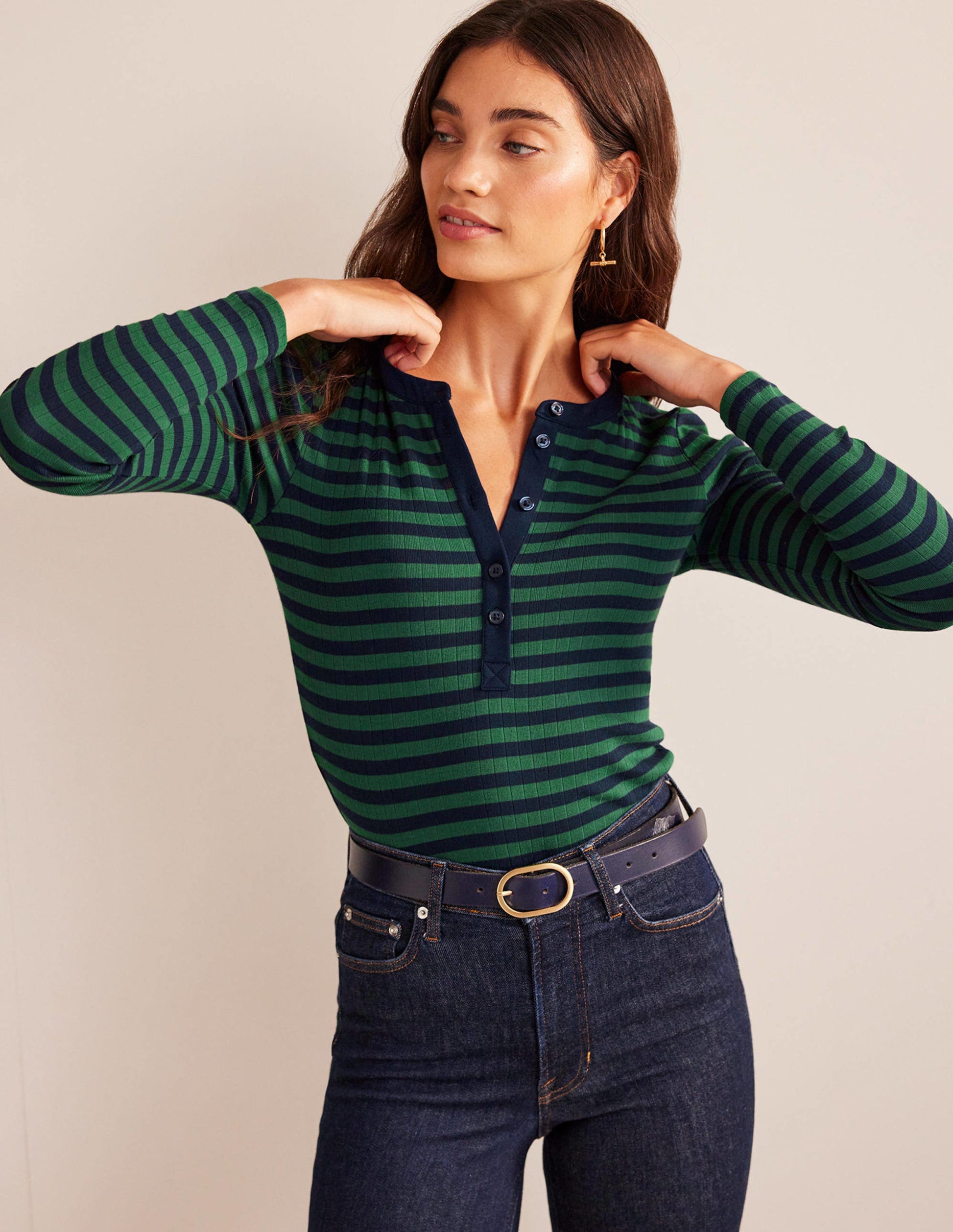 Anna Rib Henley T-Shirt-Green, Navy-4