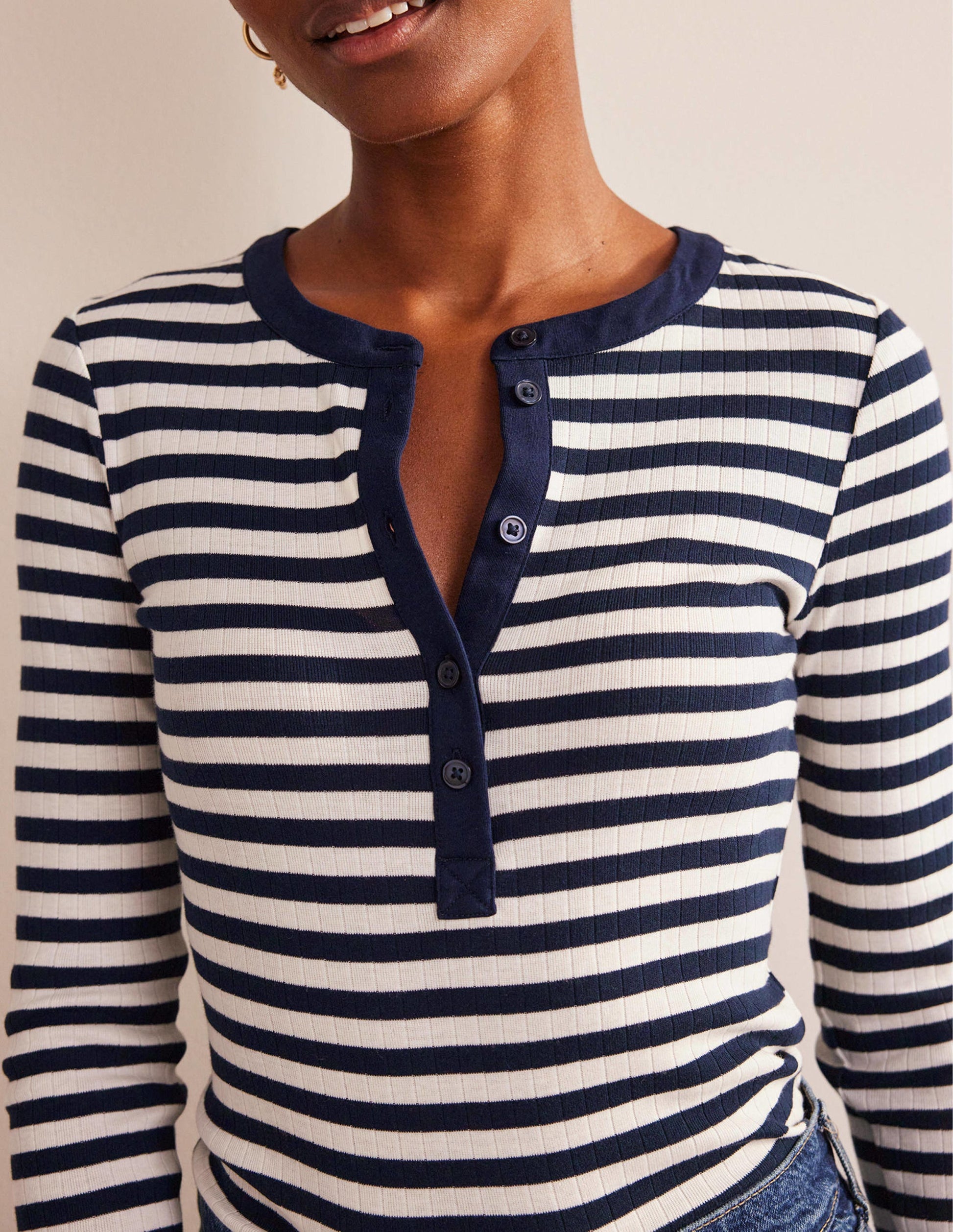 Anna Rib Henley T-Shirt-Navy, Ivory-2