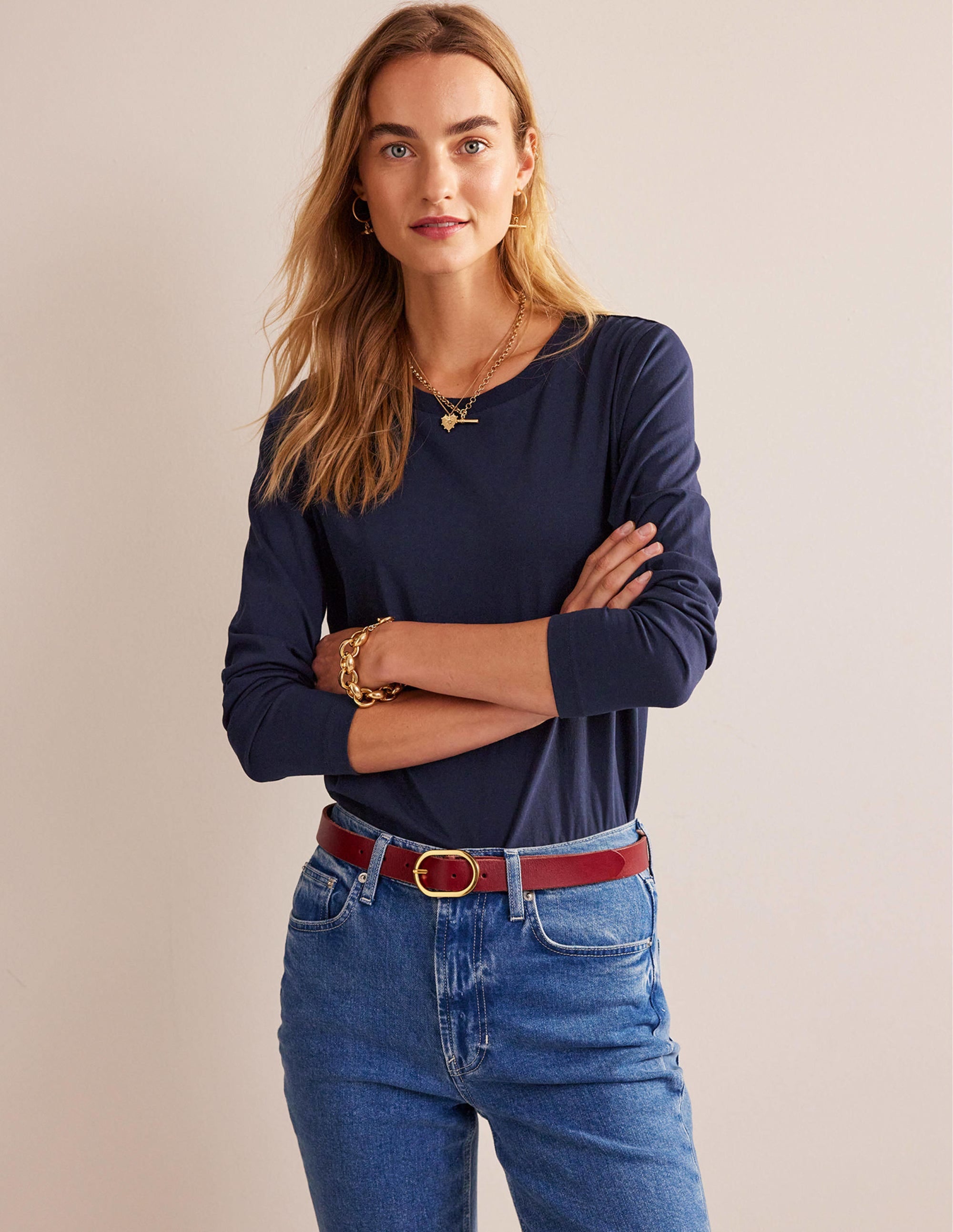 Pure Cotton Long Sleeve Top-Navy - Image 1