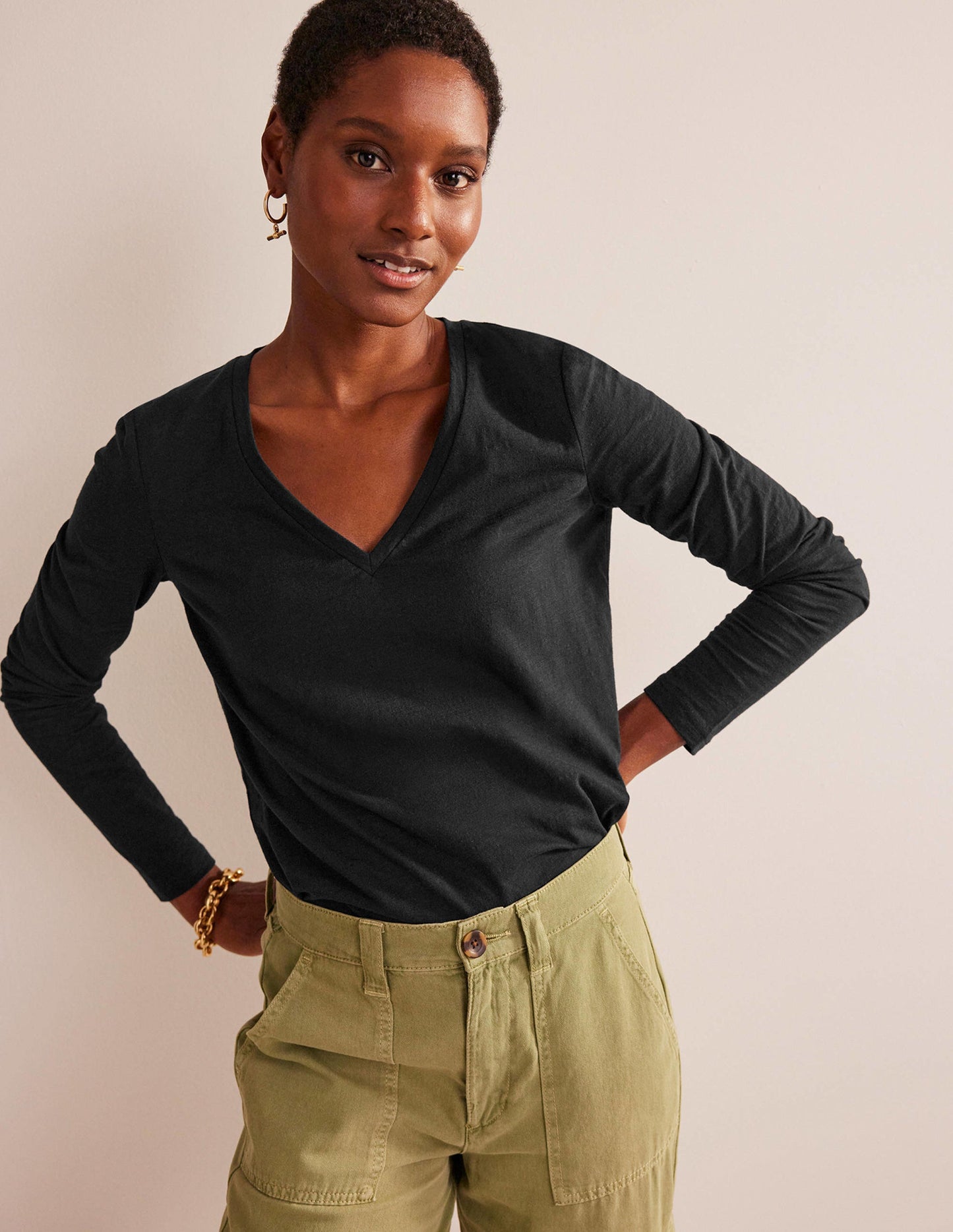 Cotton V-Neck Long Sleeve Top-Black