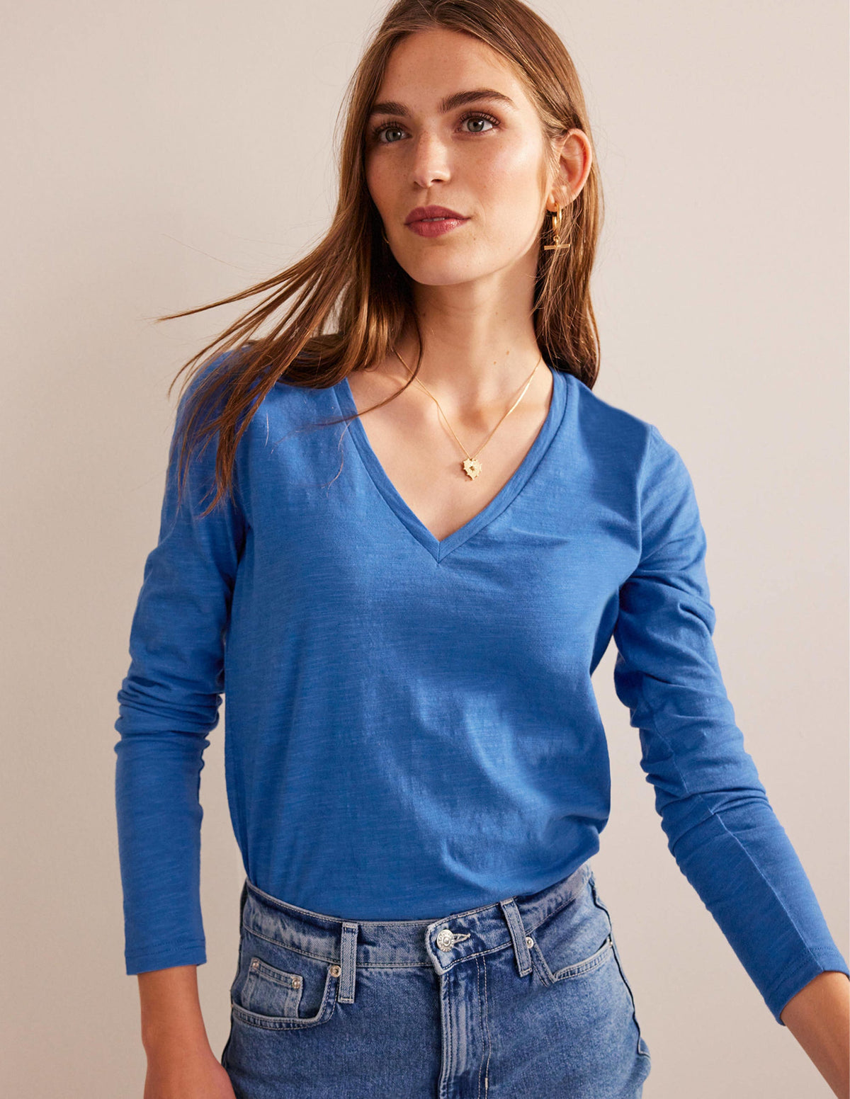 Cotton V-Neck Long Sleeve Top-Meadow Spring - Image 1