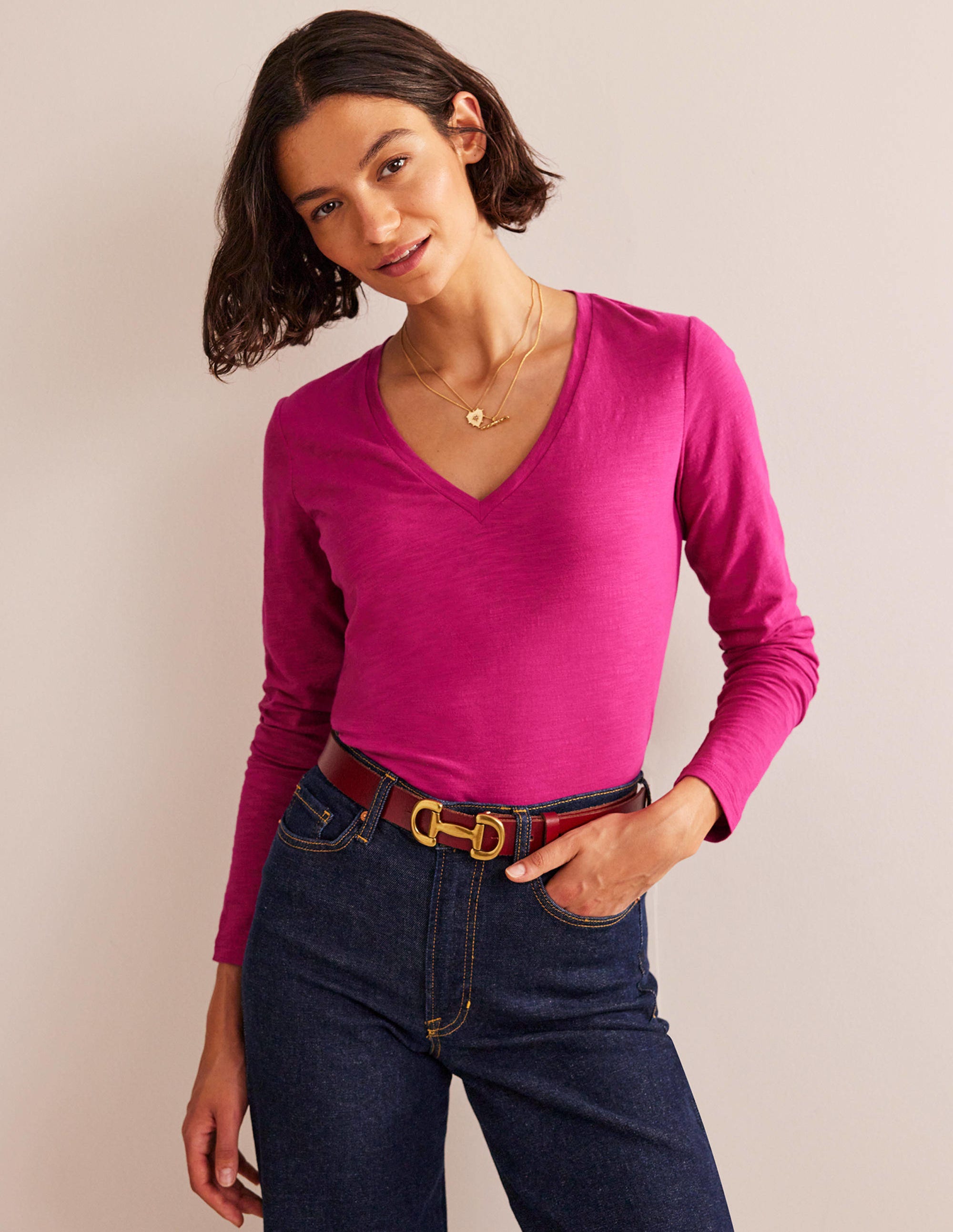 Cotton V-Neck Long Sleeve Top-Festival Fushsia - Image 1