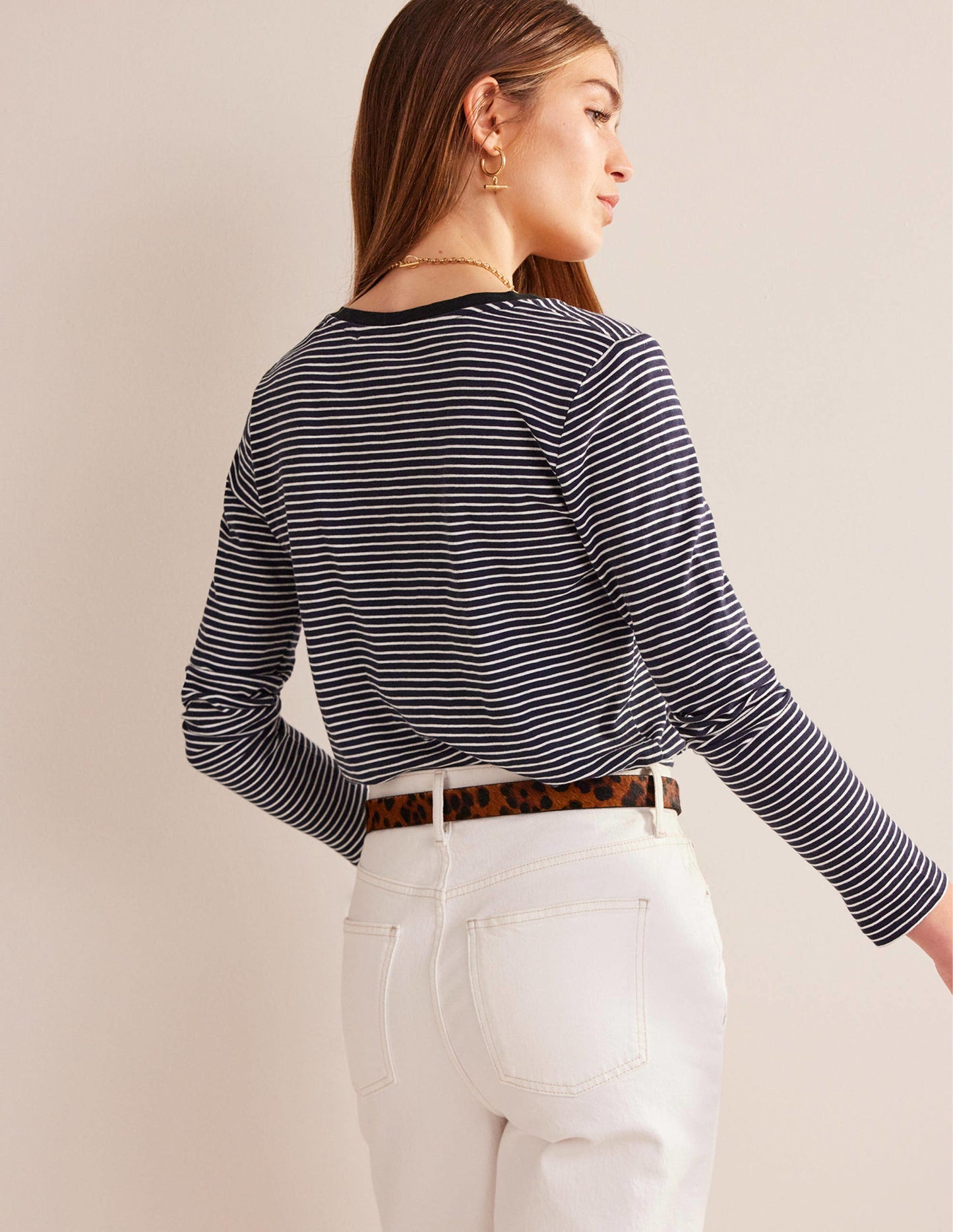 Cotton V-Neck Long Sleeve Top-Navy, Ivory