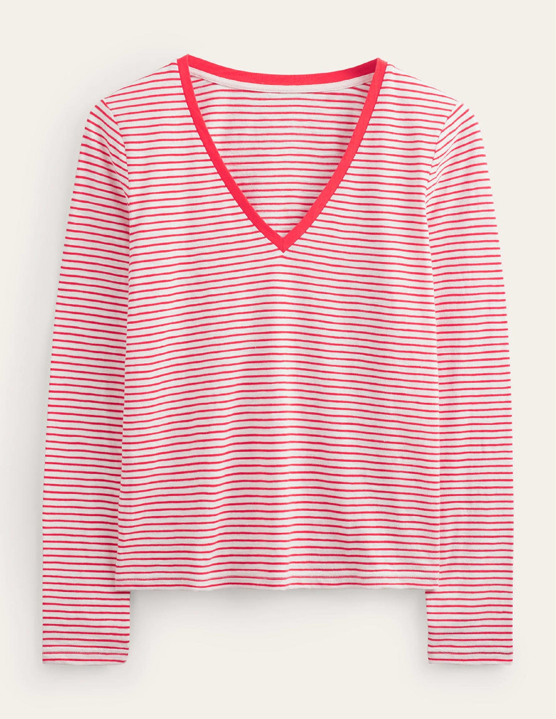 Cotton V-Neck Long Sleeve Top-Ivory, Red-5