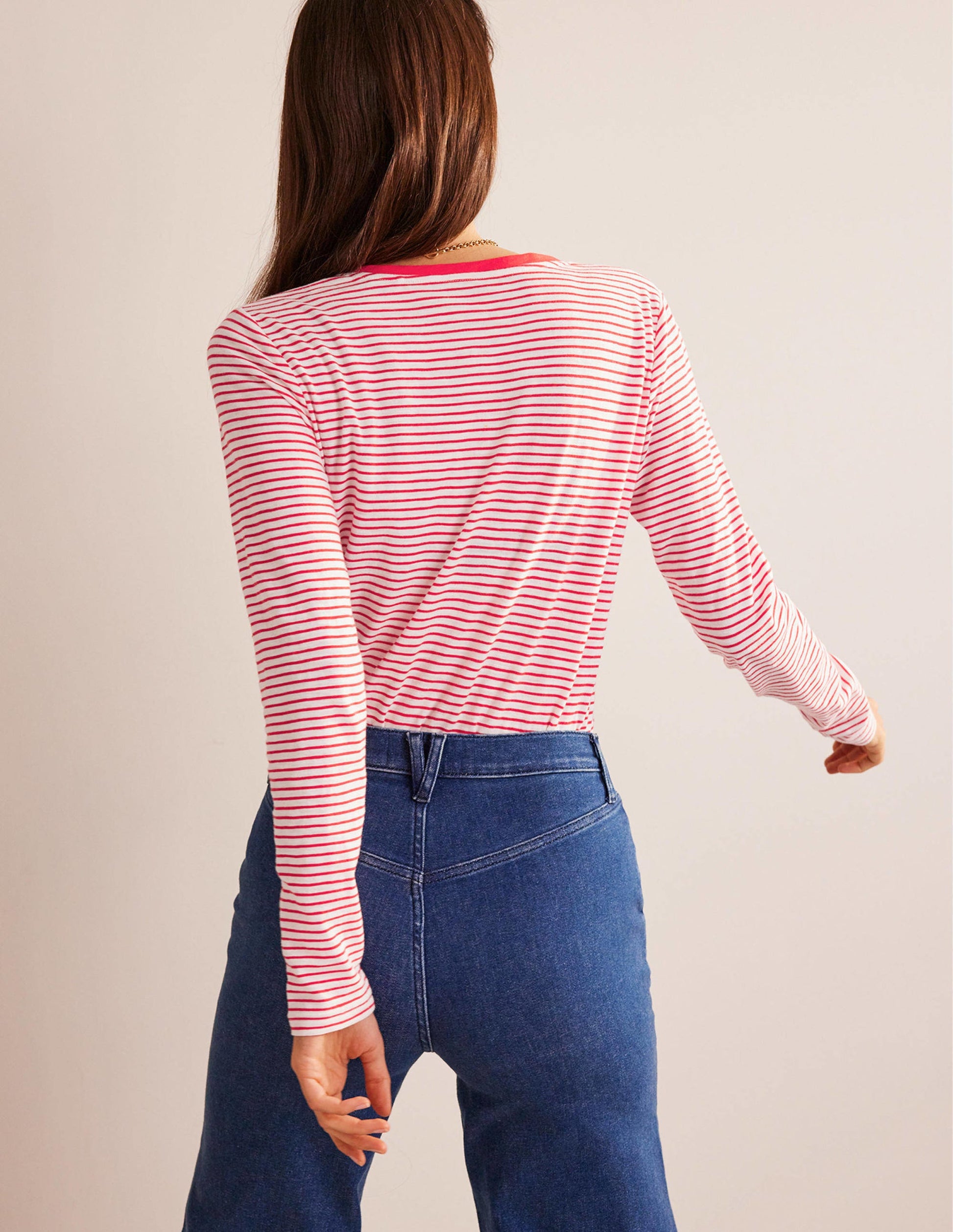 Cotton V-Neck Long Sleeve Top-Ivory, Red-3