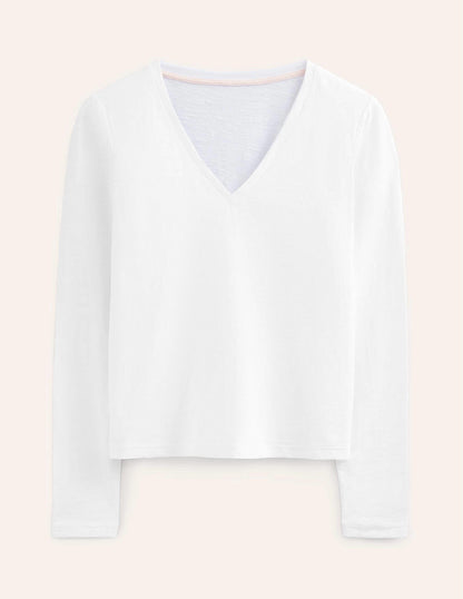 Cotton V-Neck Long Sleeve Top-White