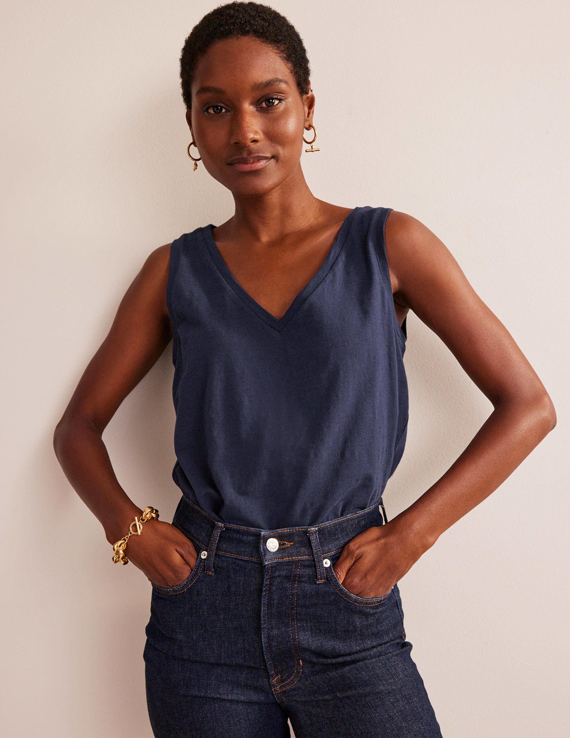 Regular V-neck Slub Vest-Navy-1