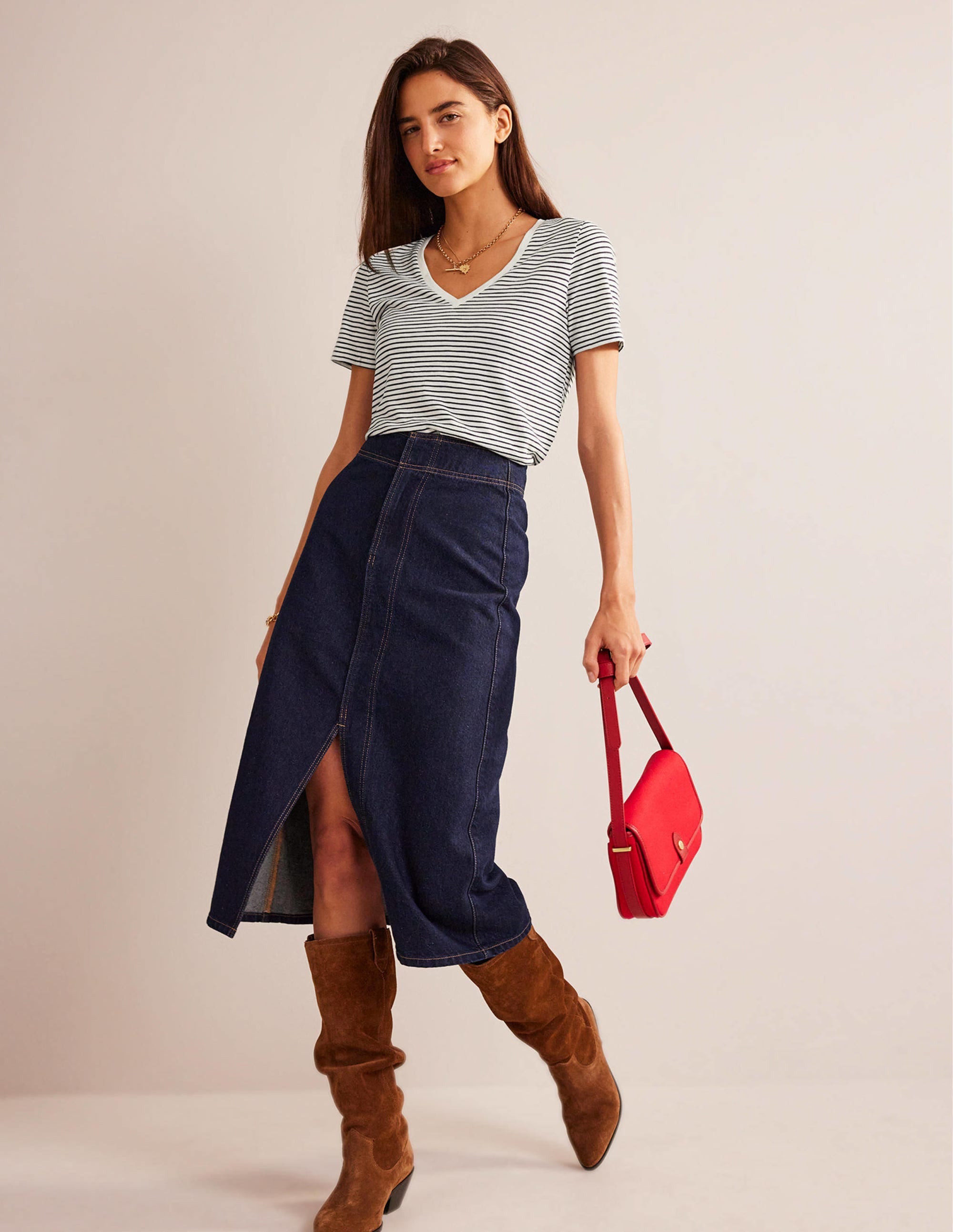 Regular V-Neck Slub T-shirt-Ivory, Navy - Image 4