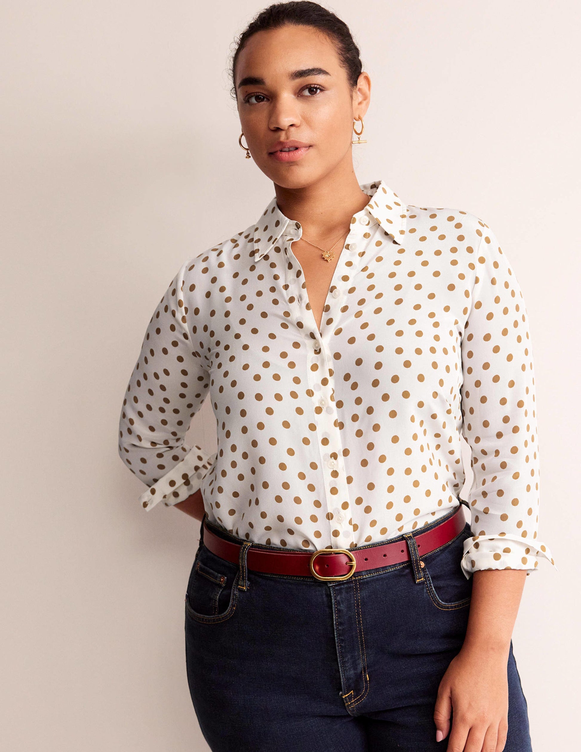 Sienna Silk Shirt-Camel, Dotty Spot-5