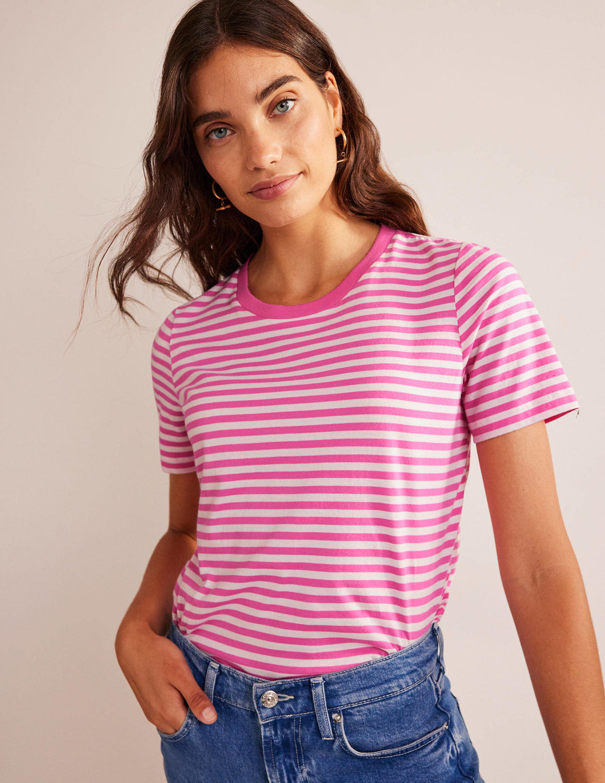 Pure Cotton Crew T-shirt-Ivory, Pink-1