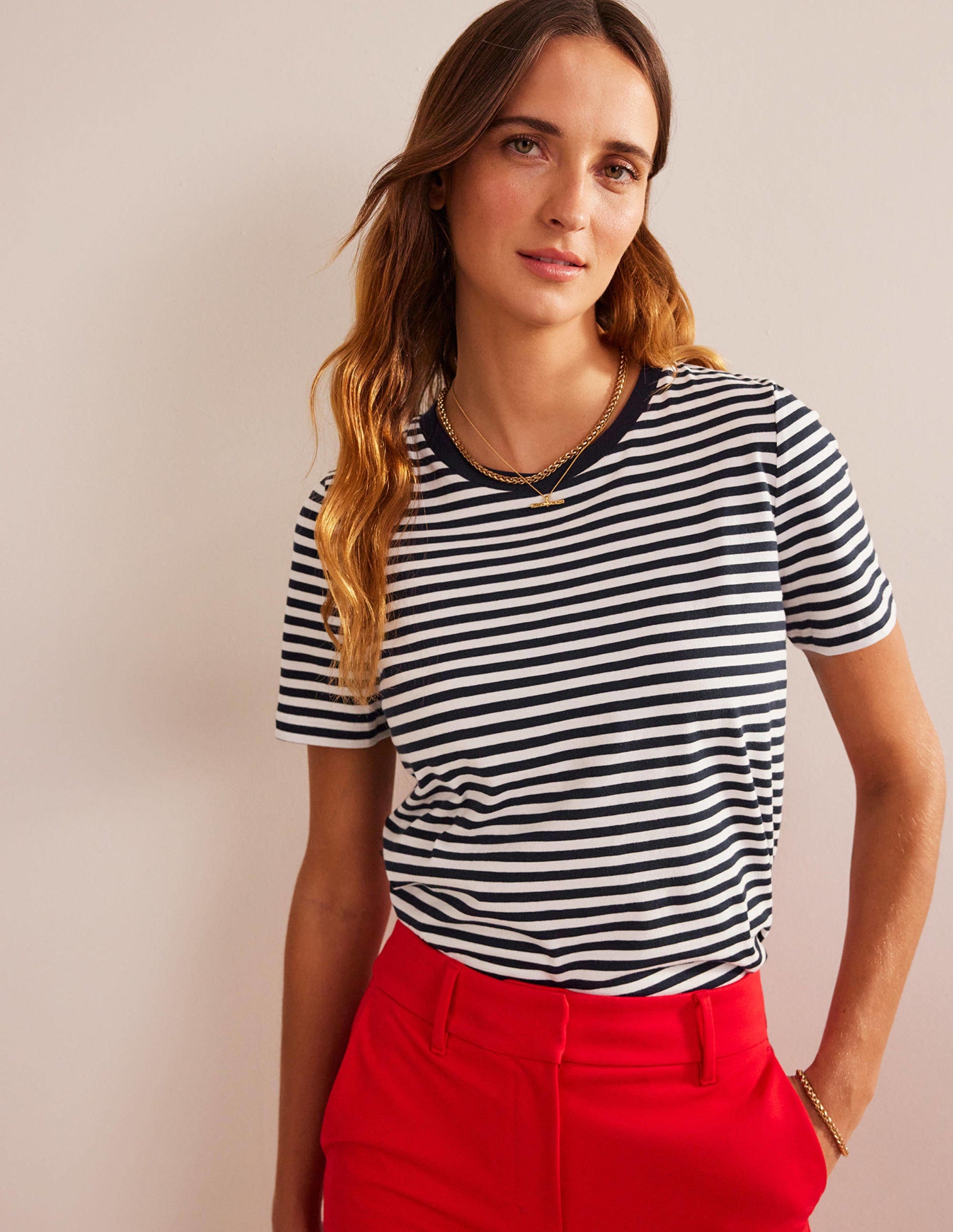 Pure Cotton Crew T-shirt-Ivory, Navy-1