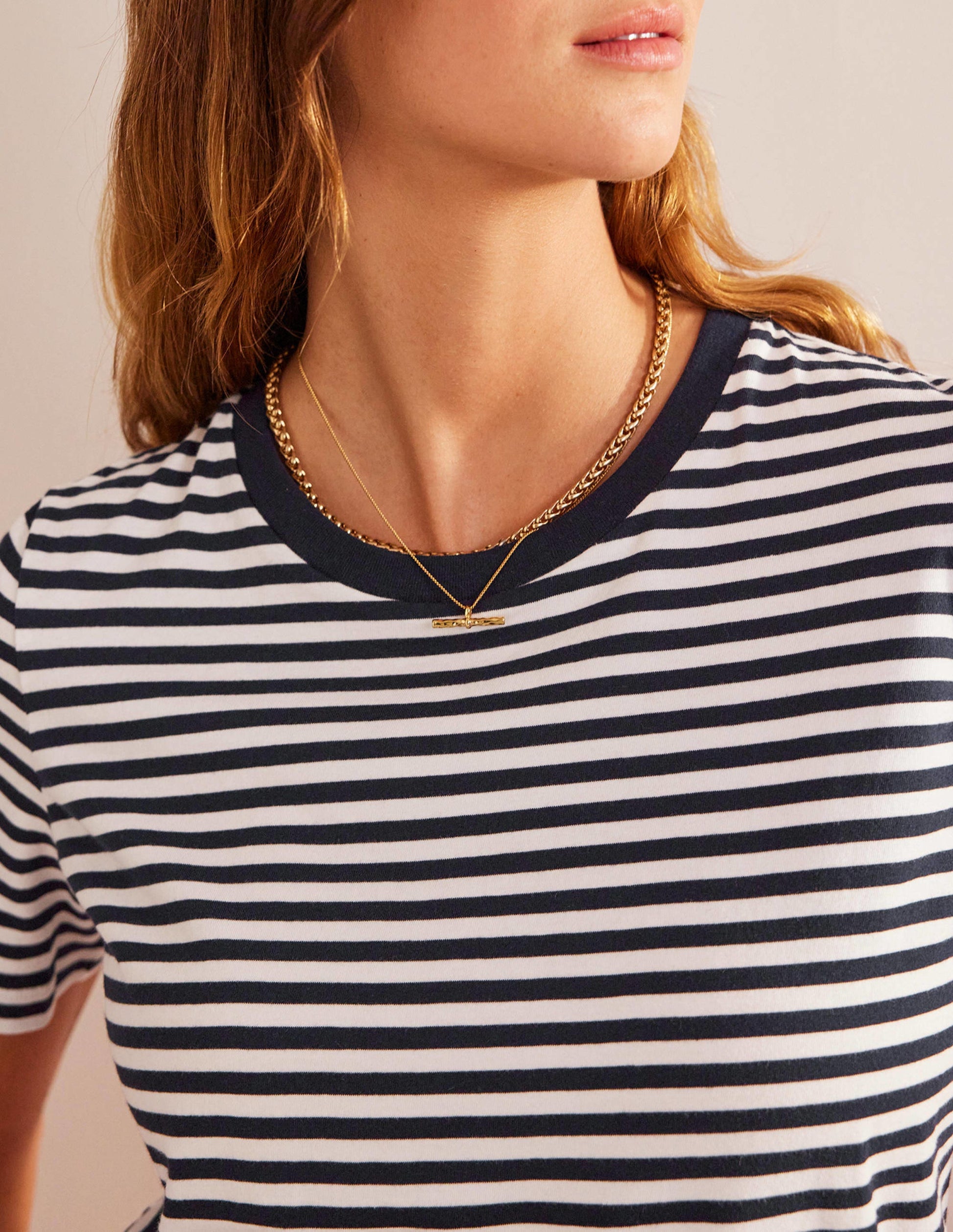 Pure Cotton Crew T-shirt-Ivory, Navy-2