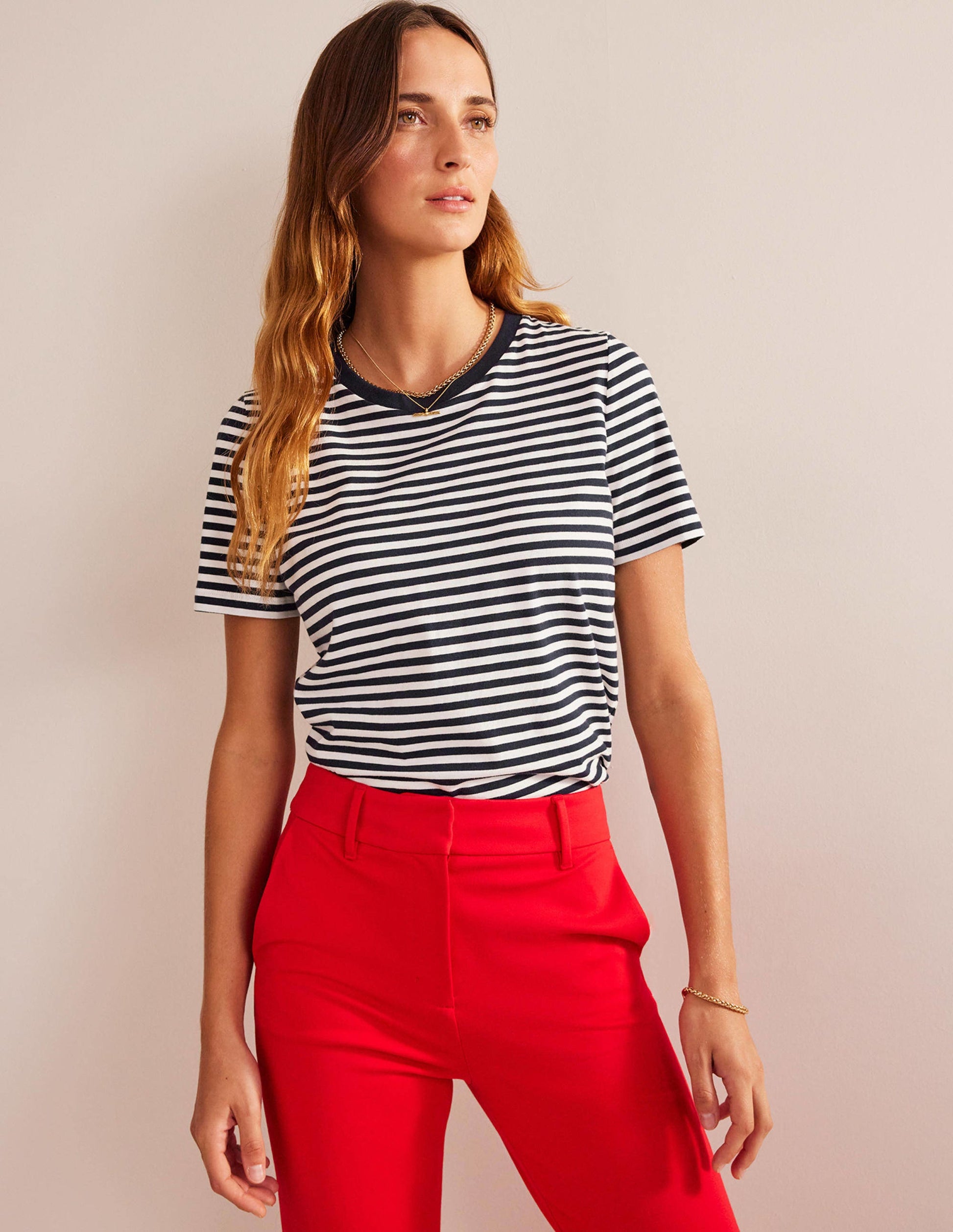 Pure Cotton Crew T-shirt-Ivory, Navy-4