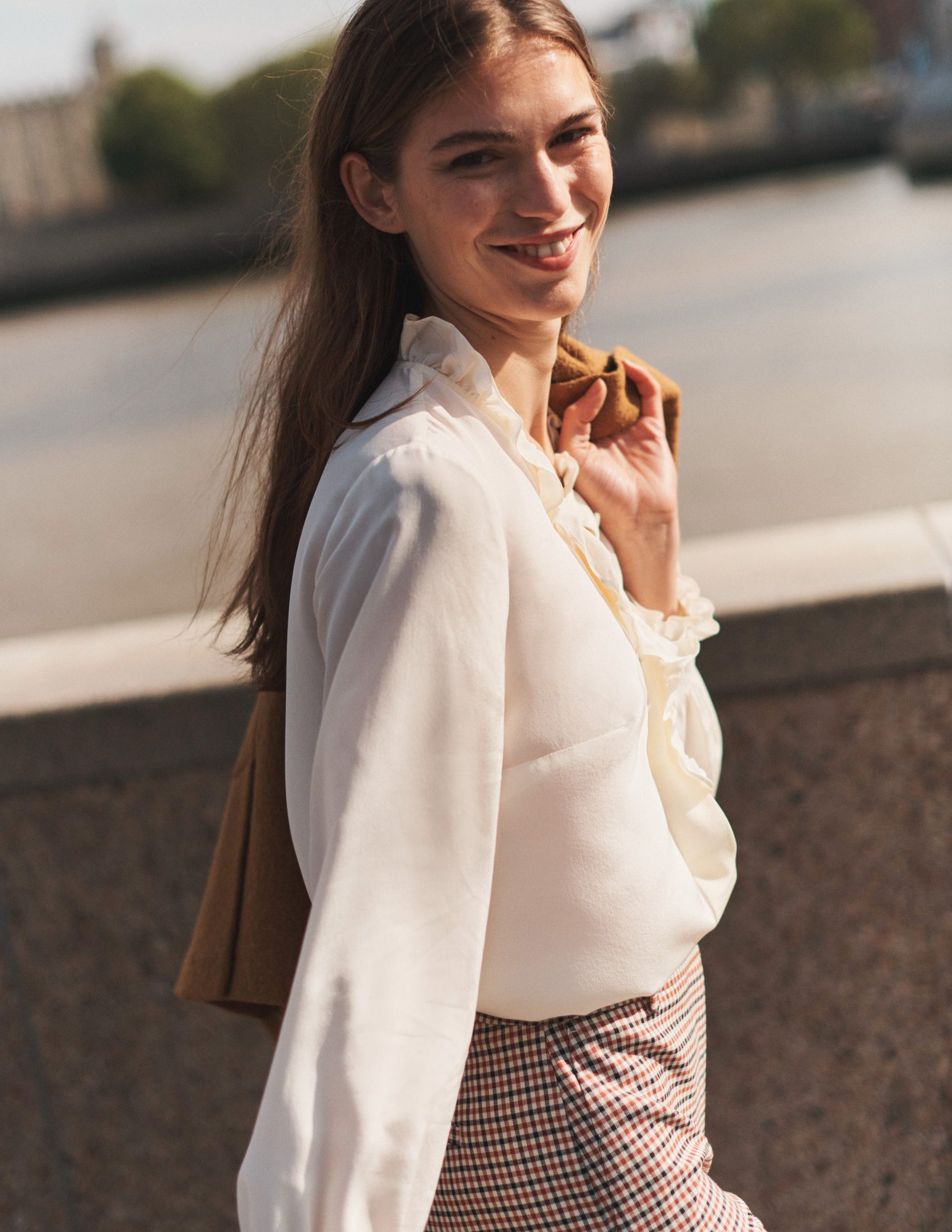Ruffle Neck Silk Blouse-Ivory-6