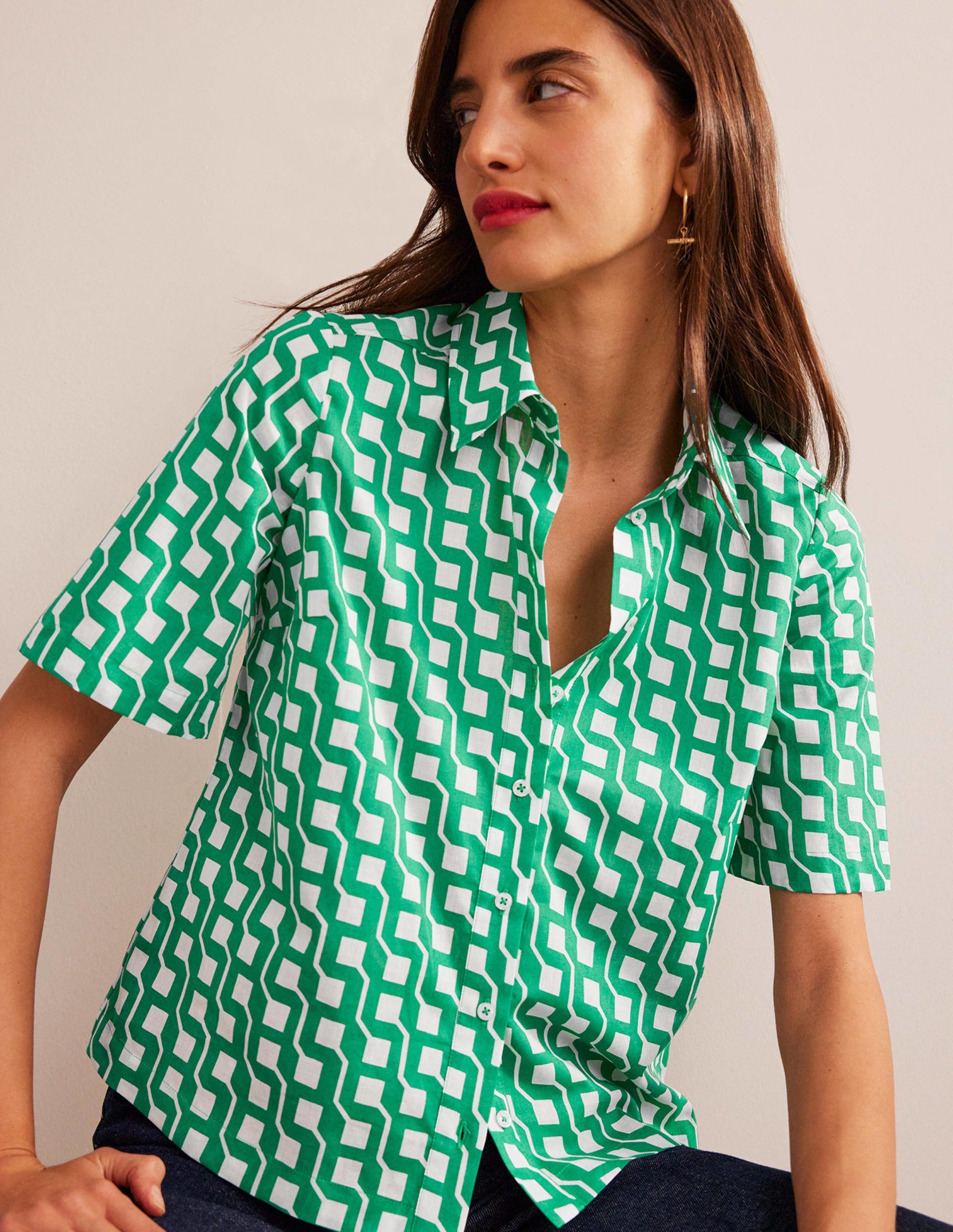 Short Sleeve Cotton Shirt-Bright Emerald, Cube Geo-1