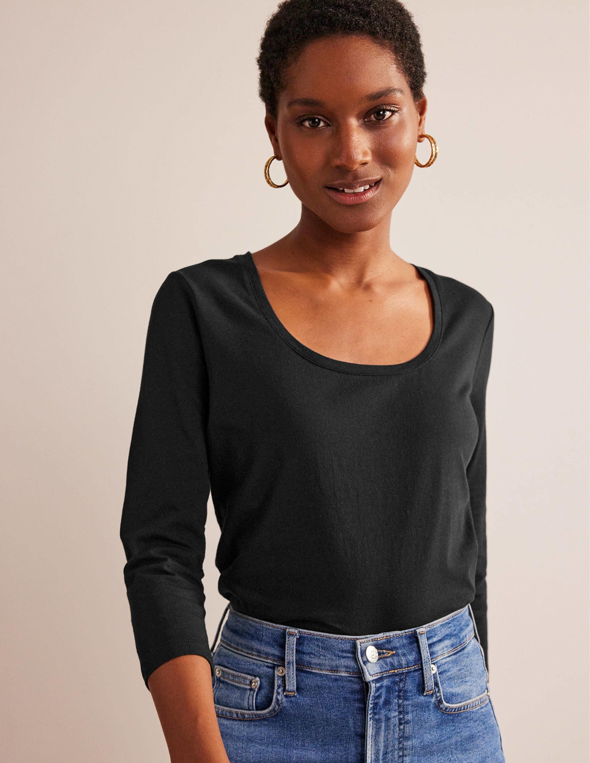 3/4 Sleeve Scoop Neck Top-Black-1