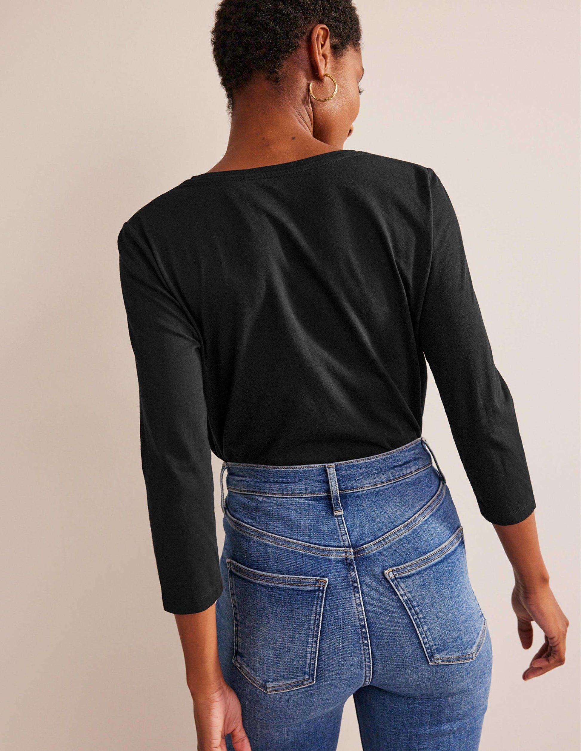 3/4 Sleeve Scoop Neck Top-Black-3