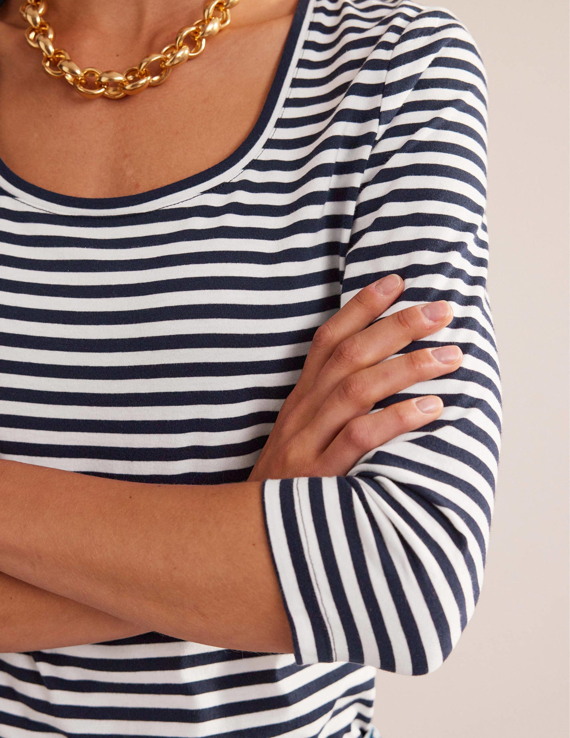 3/4 Sleeve Scoop Neck Top-Ivory, Navy-2