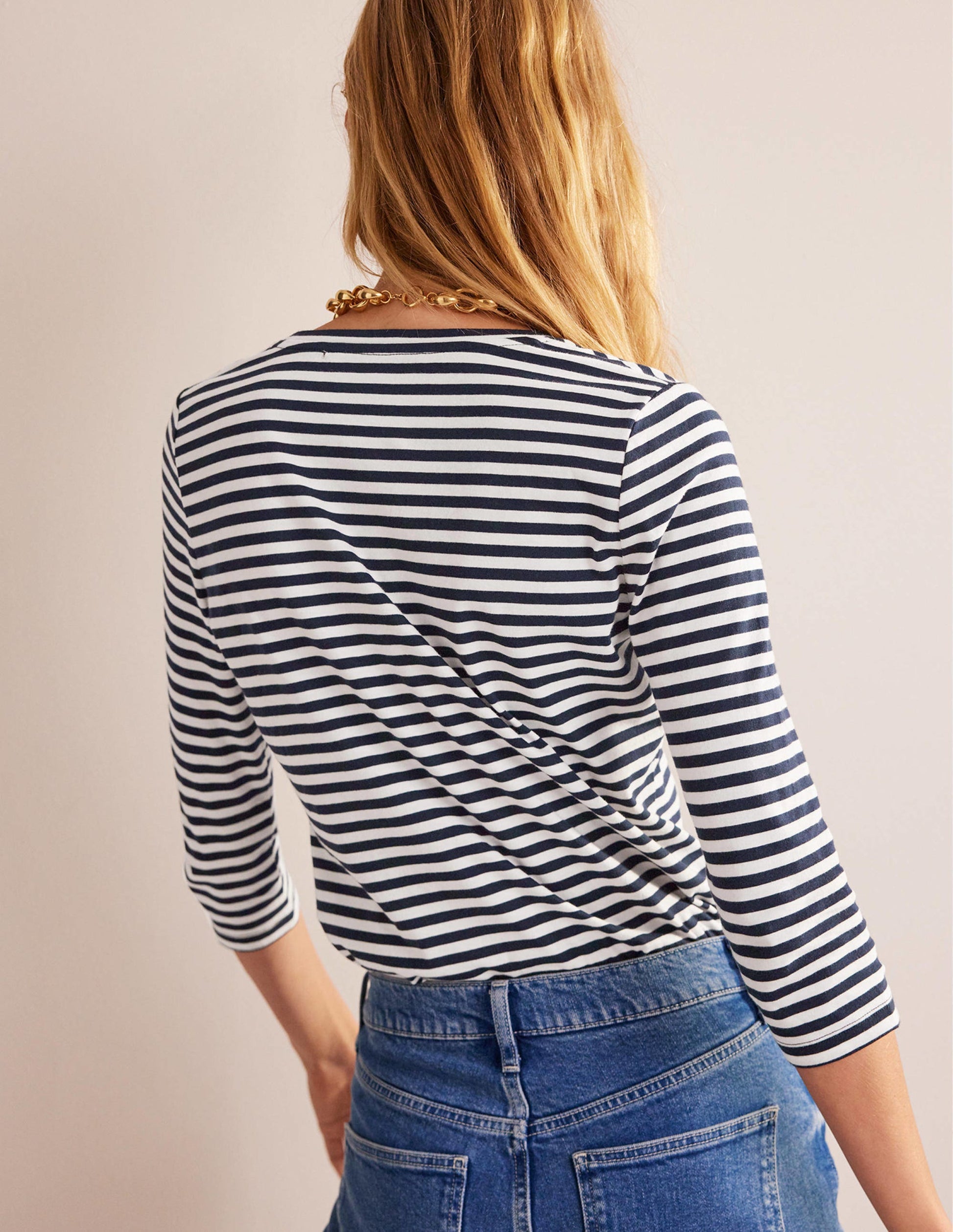 3/4 Sleeve Scoop Neck Top-Ivory, Navy-3
