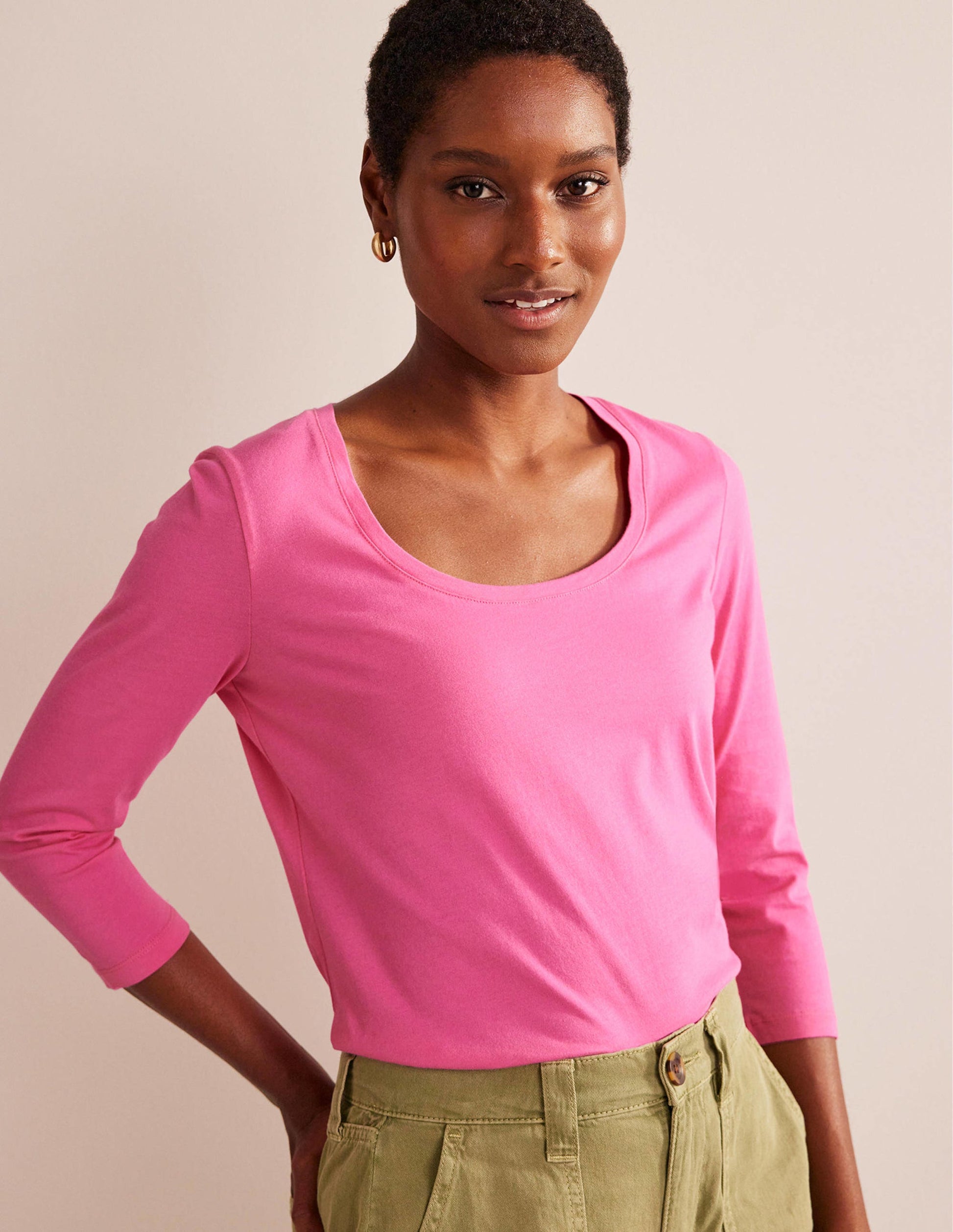 3/4 Sleeve Scoop Neck Top-Pink-1