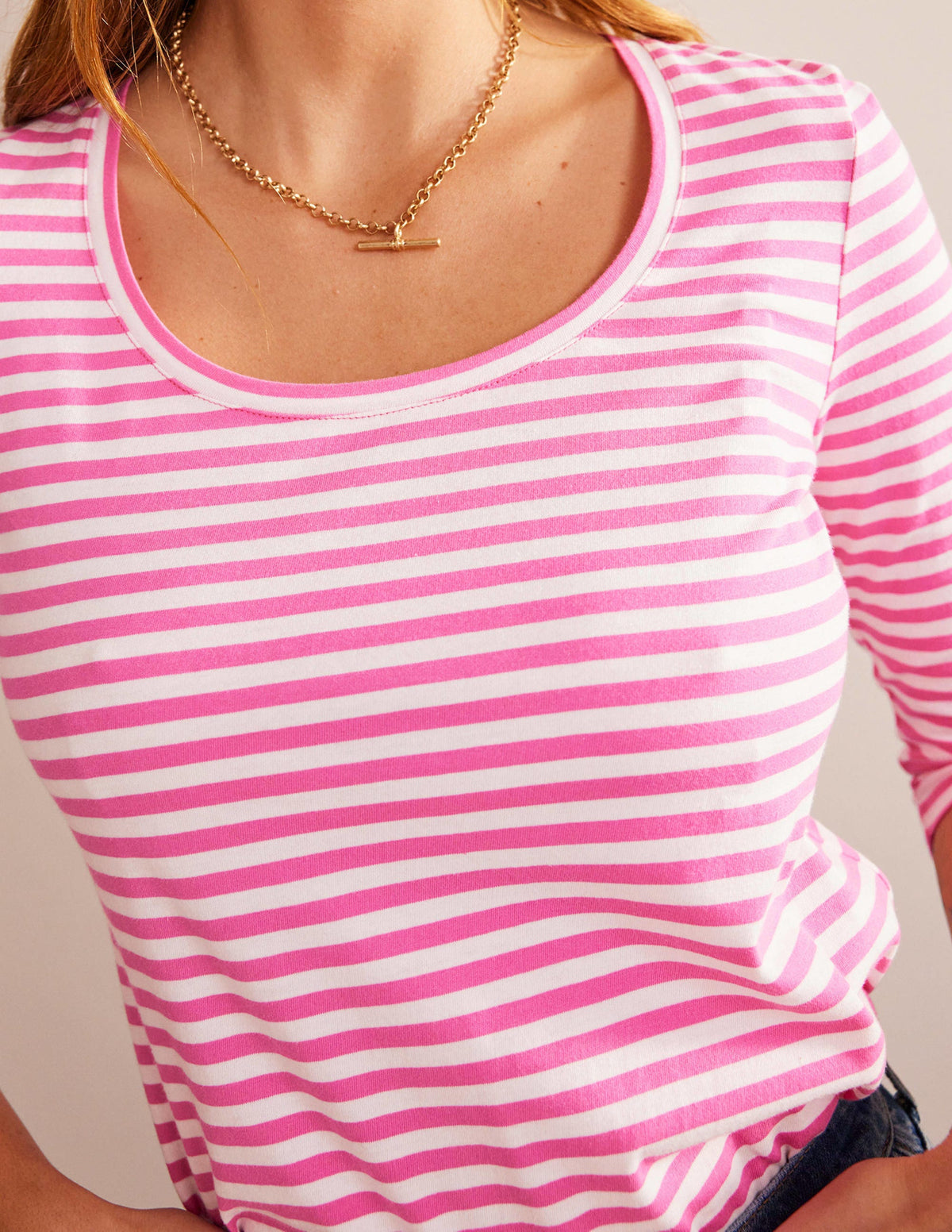 3/4 Sleeve Scoop Neck Top-Ivory, Pink - Image 2