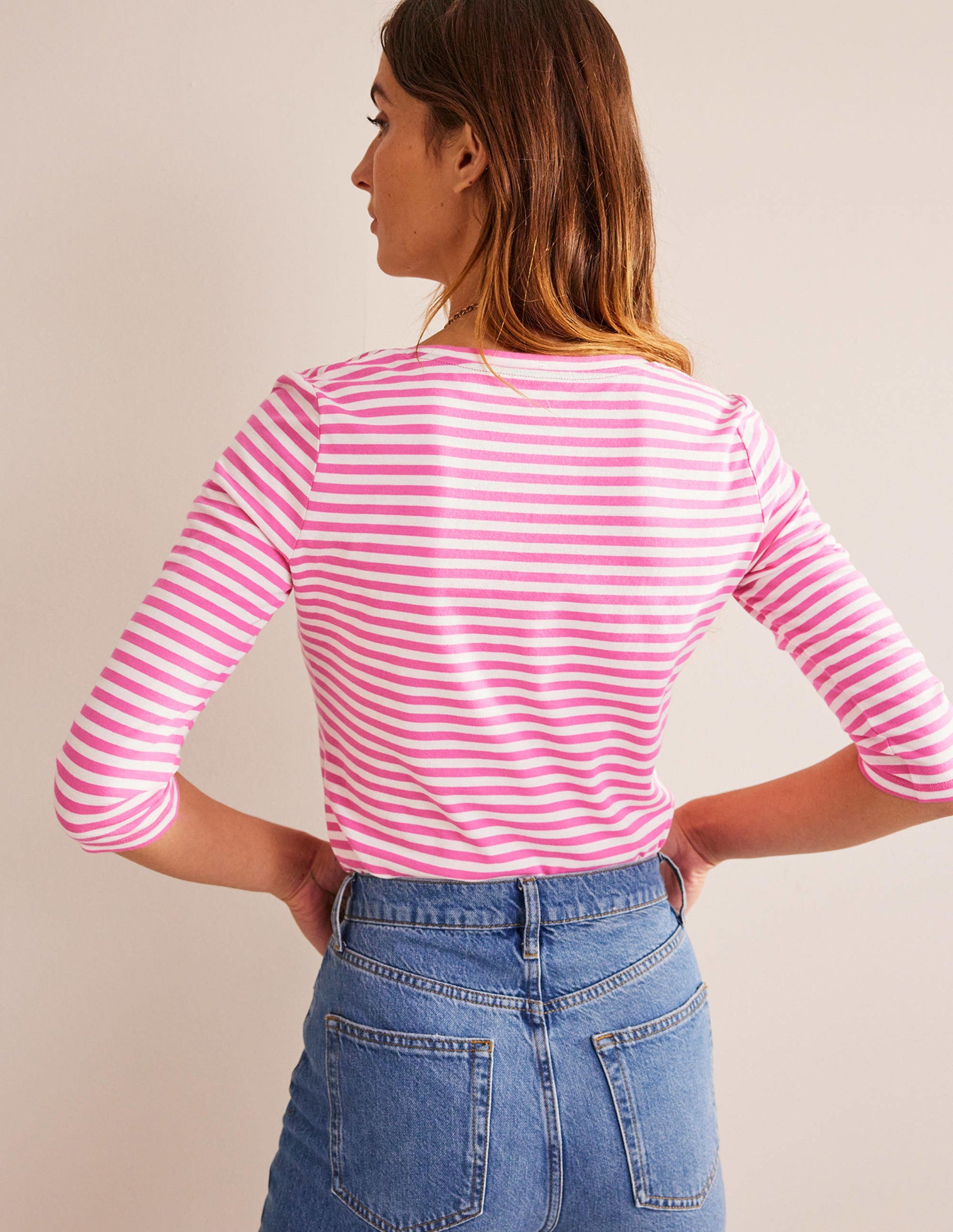 3/4 Sleeve Scoop Neck Top-Ivory, Pink-3