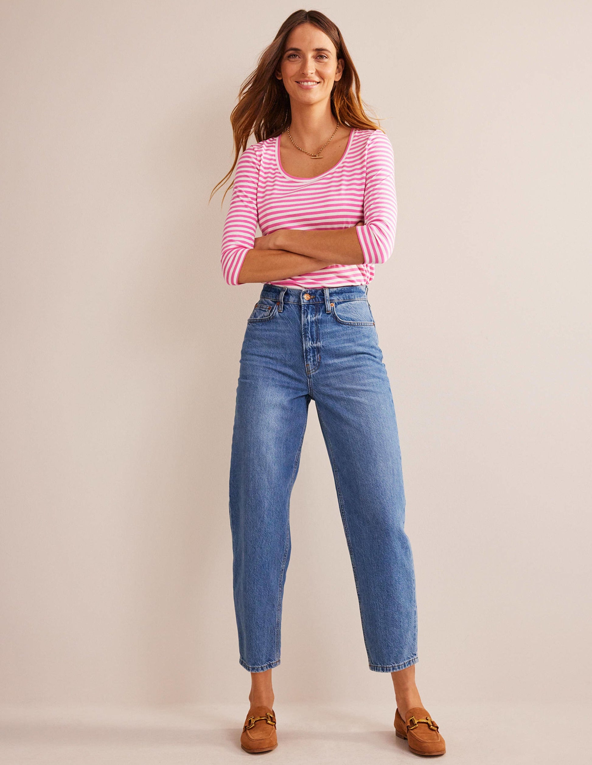 3/4 Sleeve Scoop Neck Top-Ivory, Pink-4