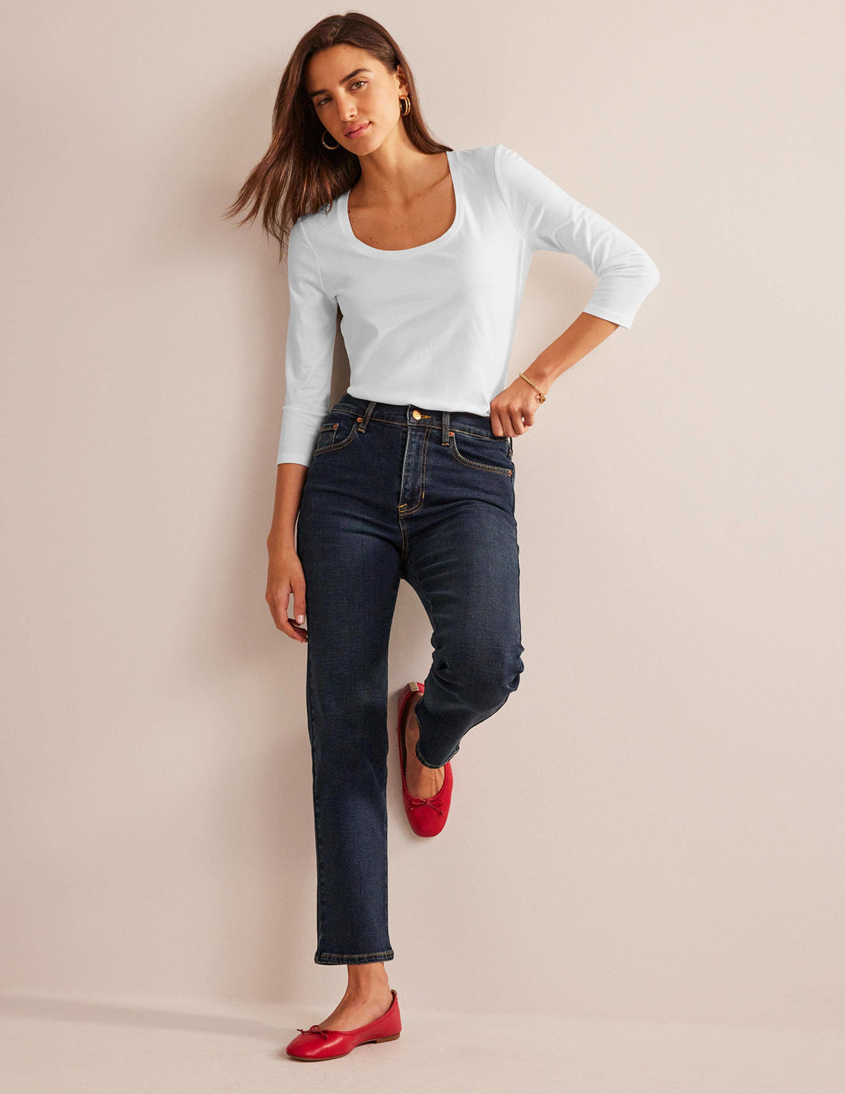 3/4 Sleeve Scoop Neck Top-White - Image 5