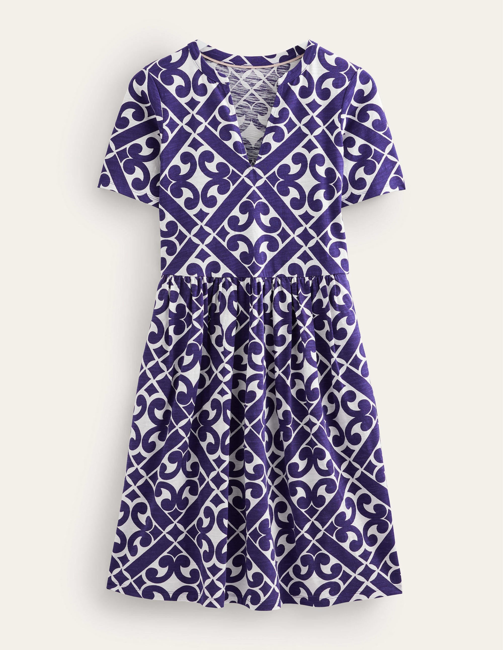 Easy Notch Neck Jersey Dress-Prussian Blue, Tranquil Geo - Image 5