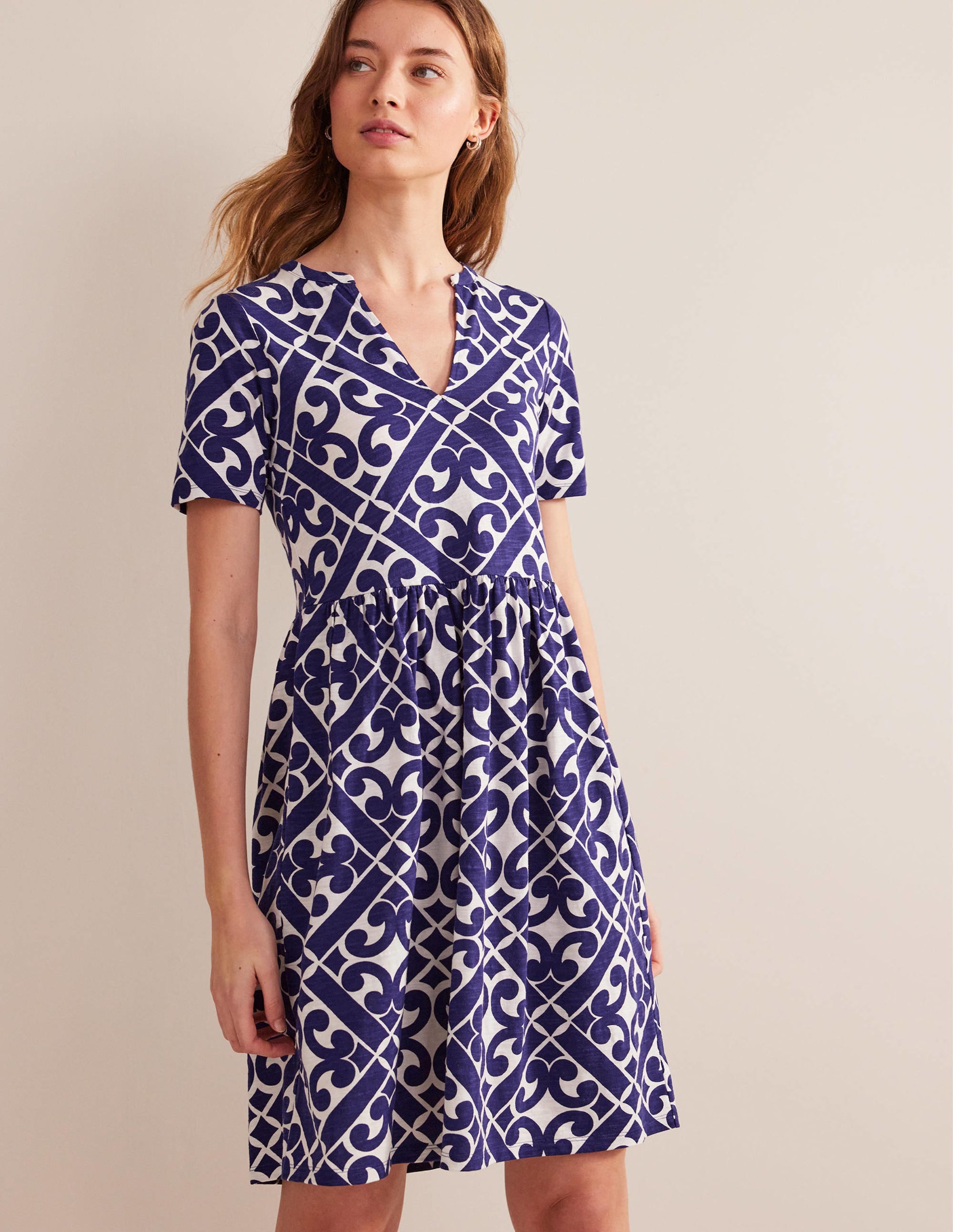 Easy Notch Neck Jersey Dress-Prussian Blue, Tranquil Geo - Image 4