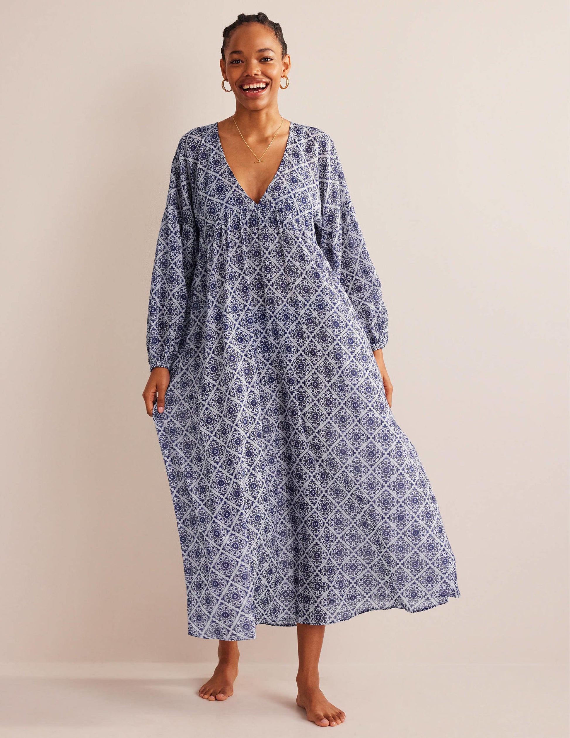 Sarah Maxi Kaftan Dress-Ivory, Flora Swirl-1