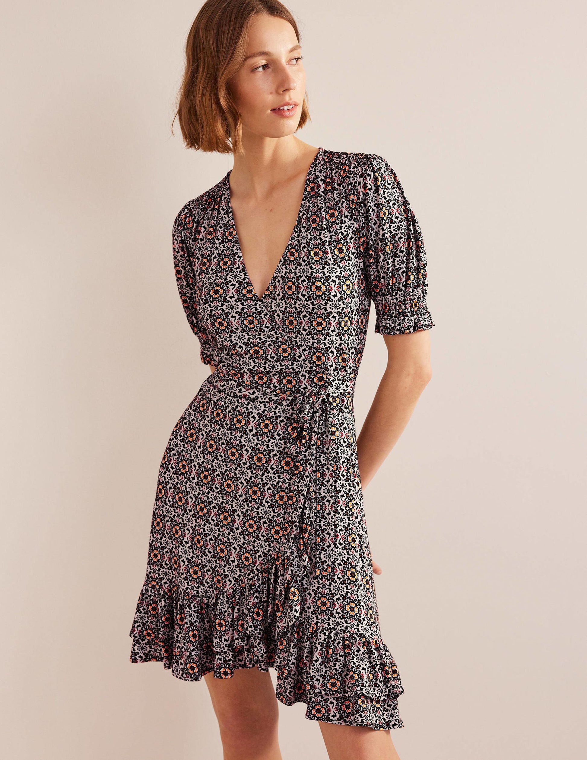 Ruffle Wrap Jersey Mini Dress-Black, Opulent Pome-1