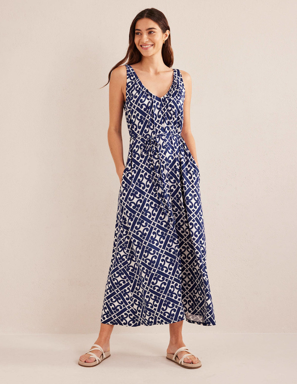 V-Neck Jersey Maxi Dress-Prussian Blue, Tranquil Geo-1