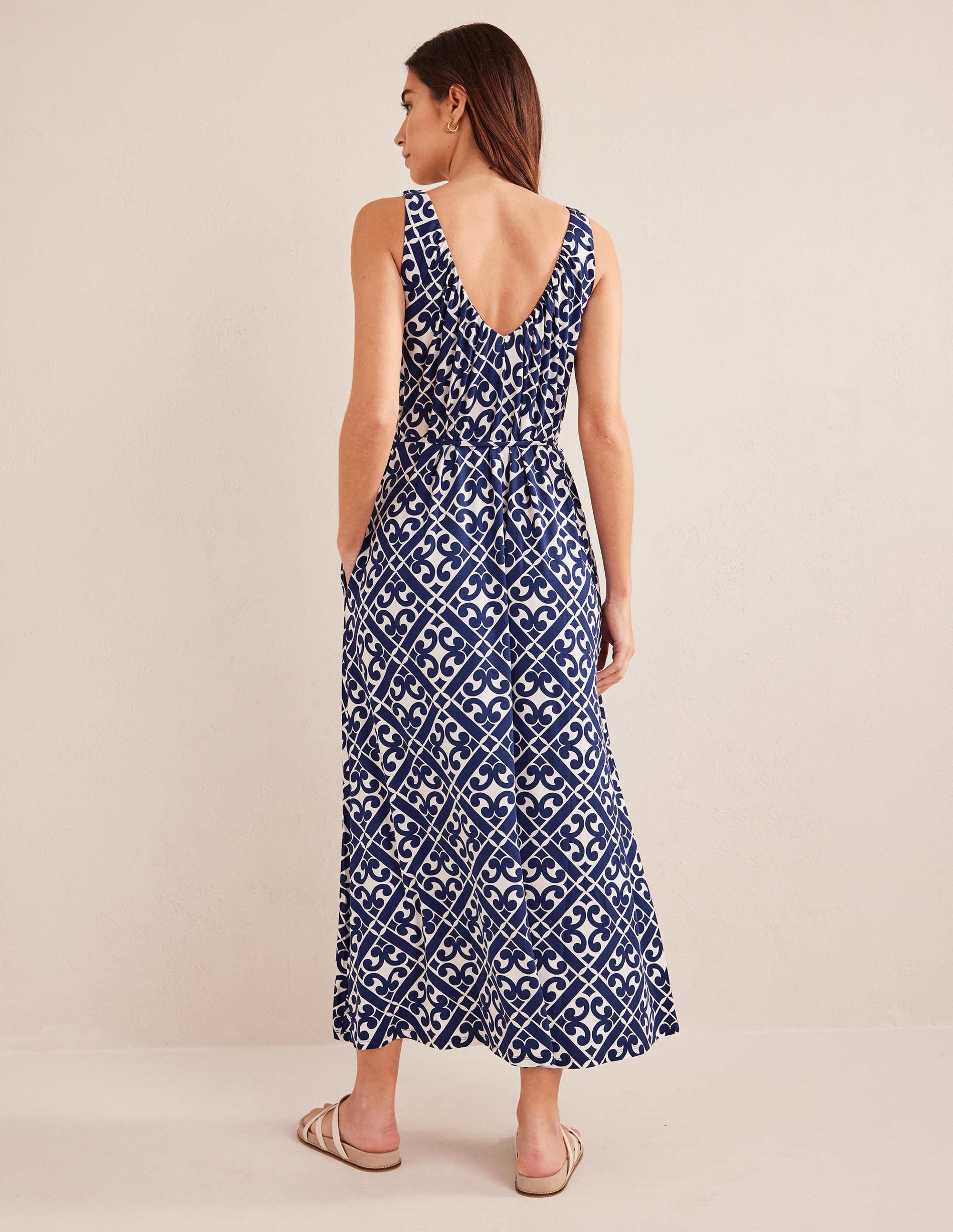 V-Neck Jersey Maxi Dress-Prussian Blue, Tranquil Geo - Image 3
