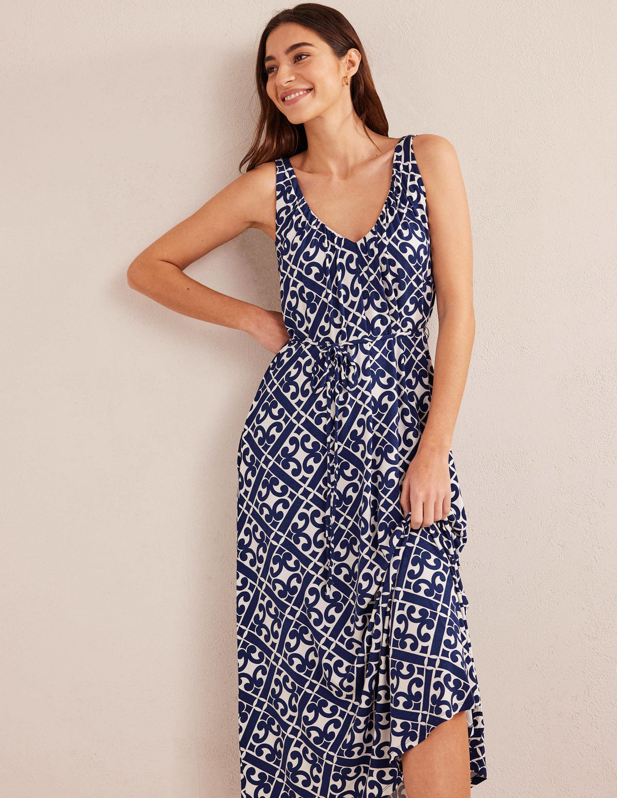 V-Neck Jersey Maxi Dress-Prussian Blue, Tranquil Geo-4