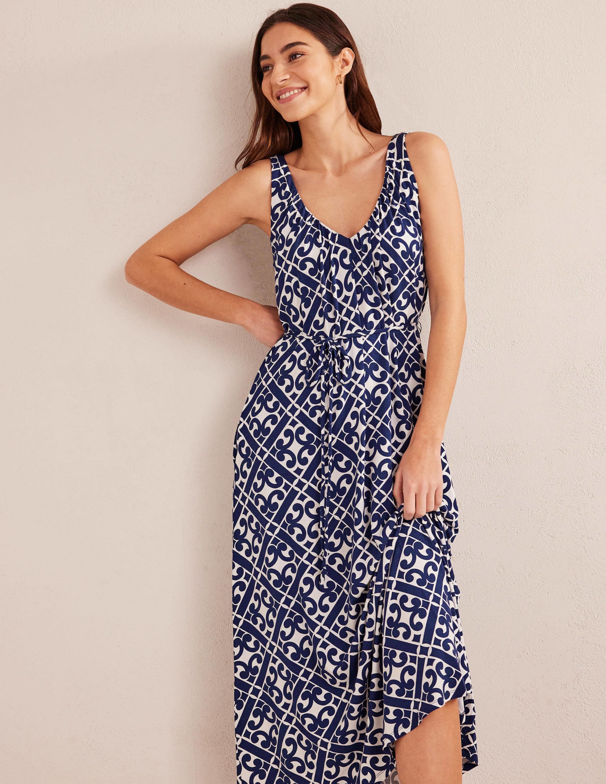 V-Neck Jersey Maxi Dress-Prussian Blue, Tranquil Geo - Image 4