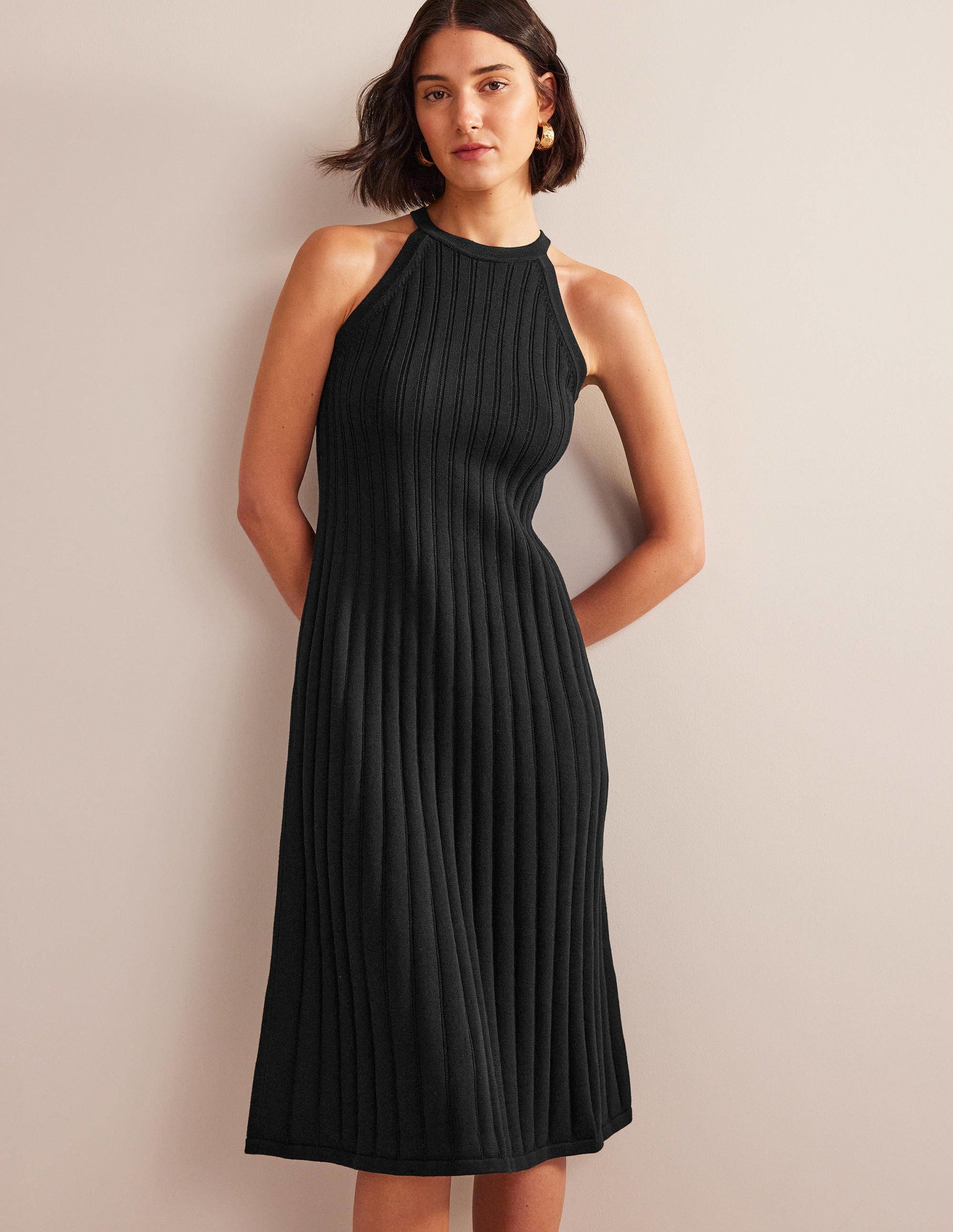 Sleeveless Knitted Midi Dress-Black-1
