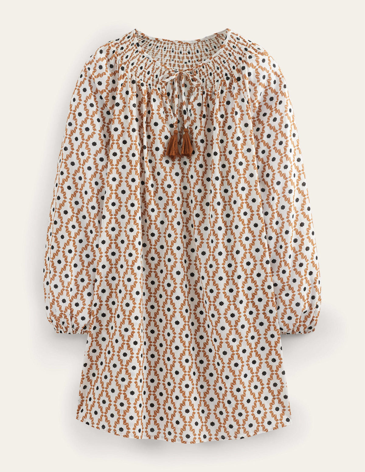 Smocked Neck Beach Kaftan-Cashew, Geo Trance-5