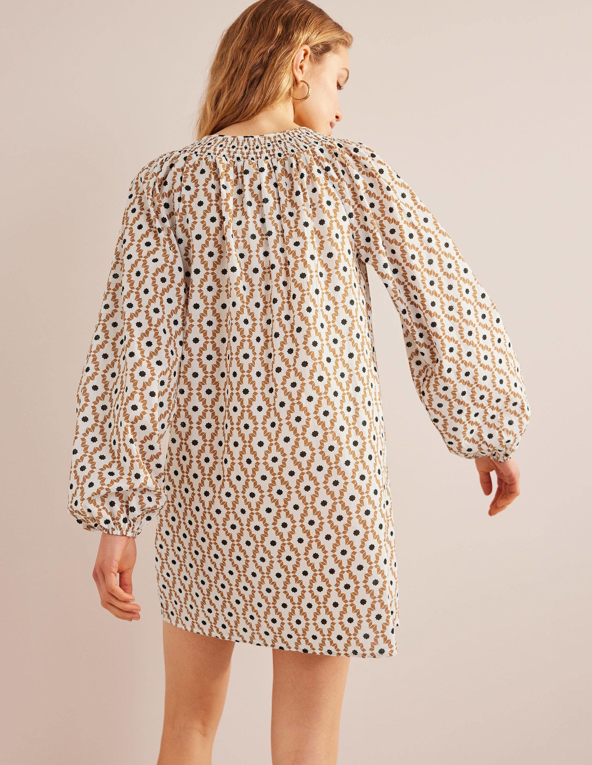 Smocked Neck Beach Kaftan-Cashew, Geo Trance-3