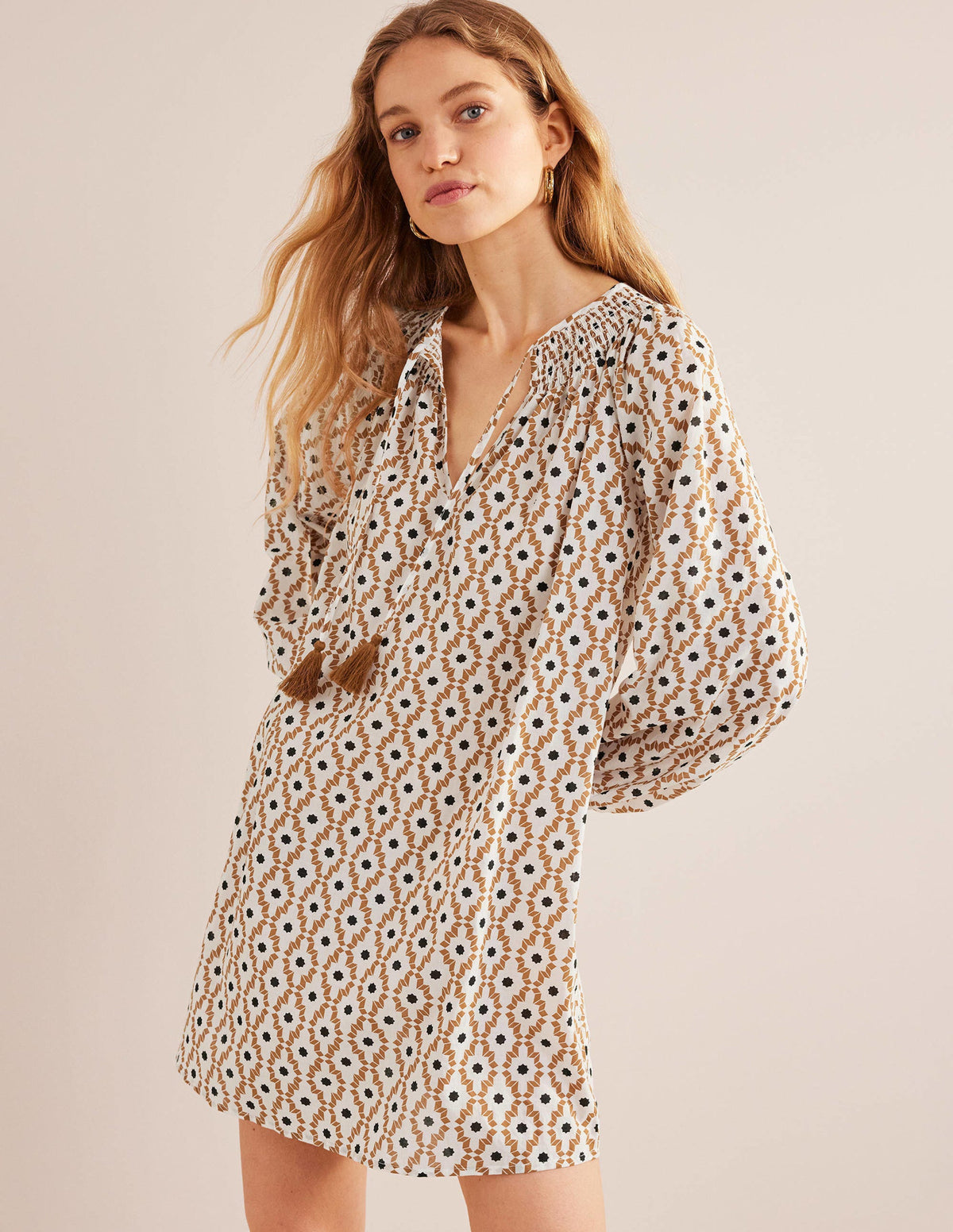 Smocked Neck Beach Kaftan-Cashew, Geo Trance-4