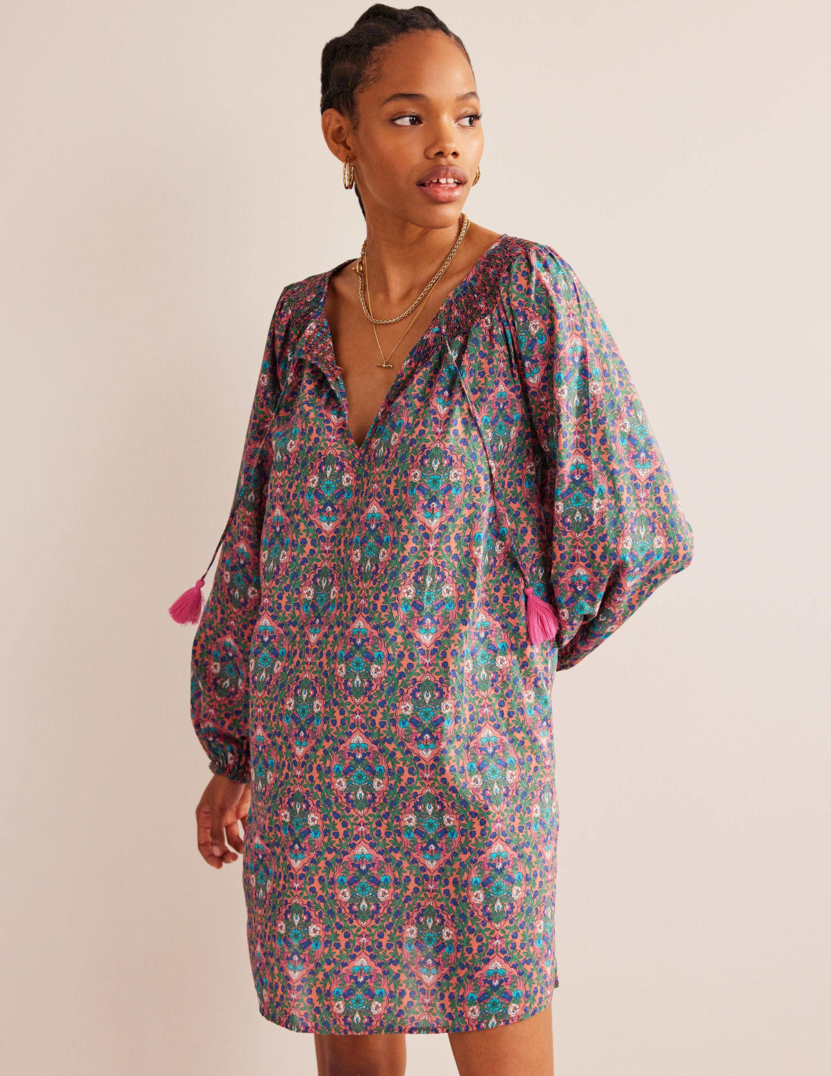 Smocked Neck Beach Kaftan-Multi, Vine Terrace - Image 1
