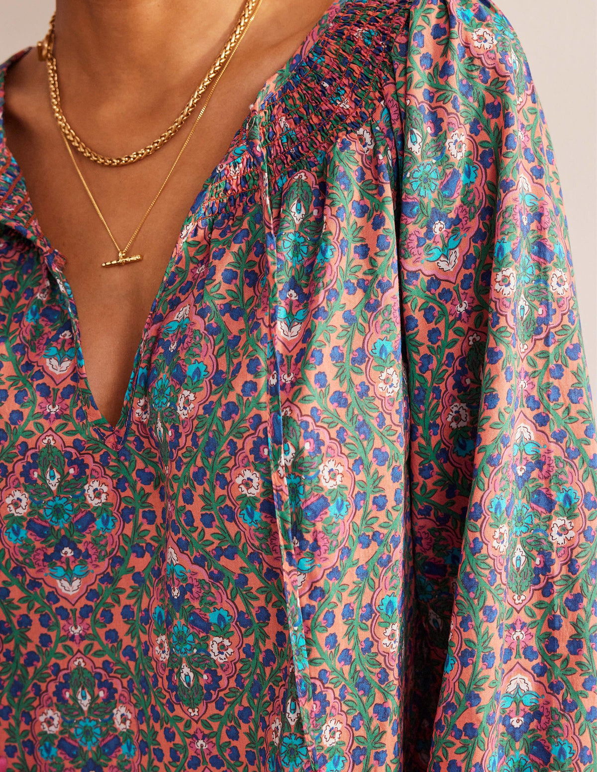 Smocked Neck Beach Kaftan-Multi, Vine Terrace-2