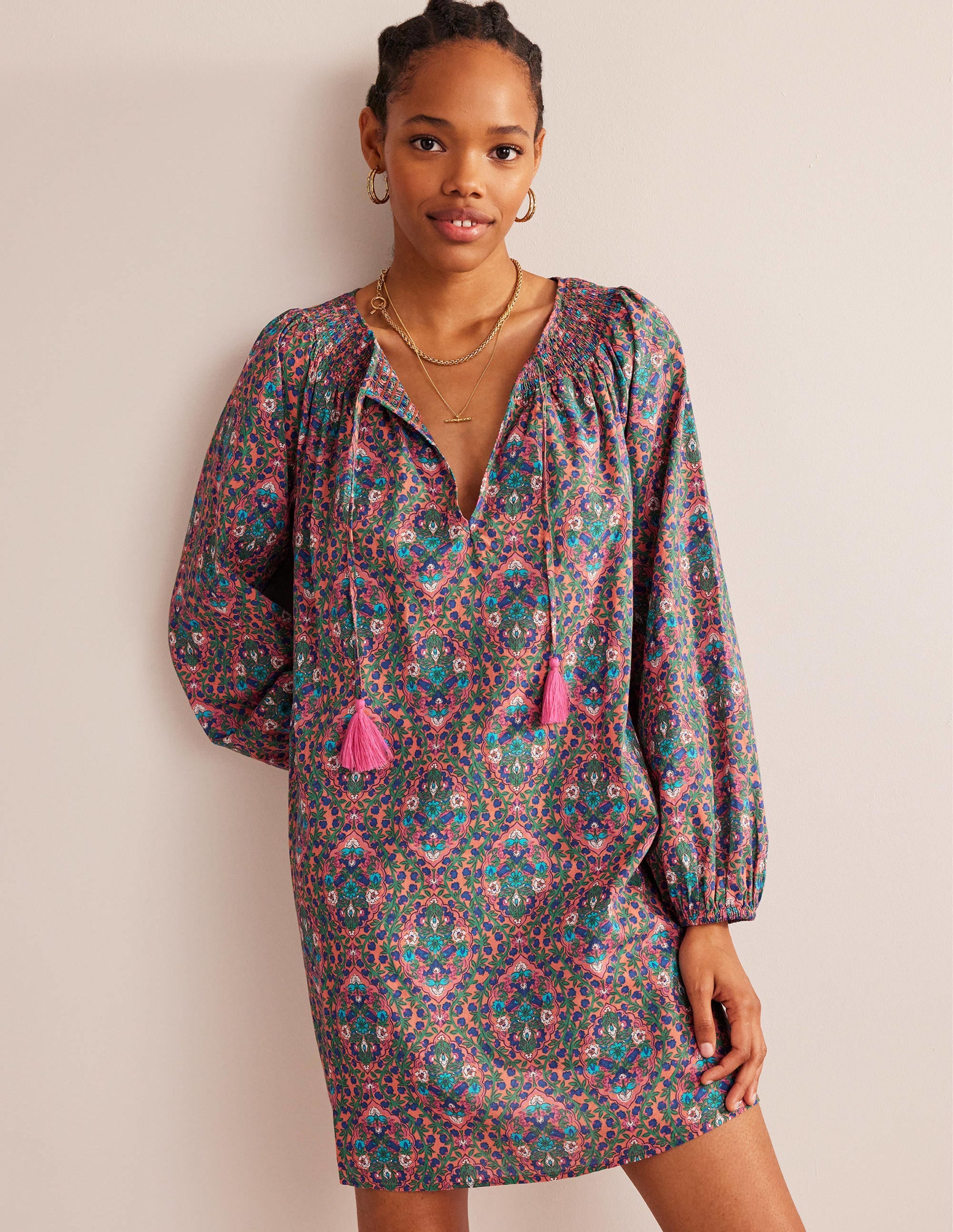 Smocked Neck Beach Kaftan-Multi, Vine Terrace - Image 4