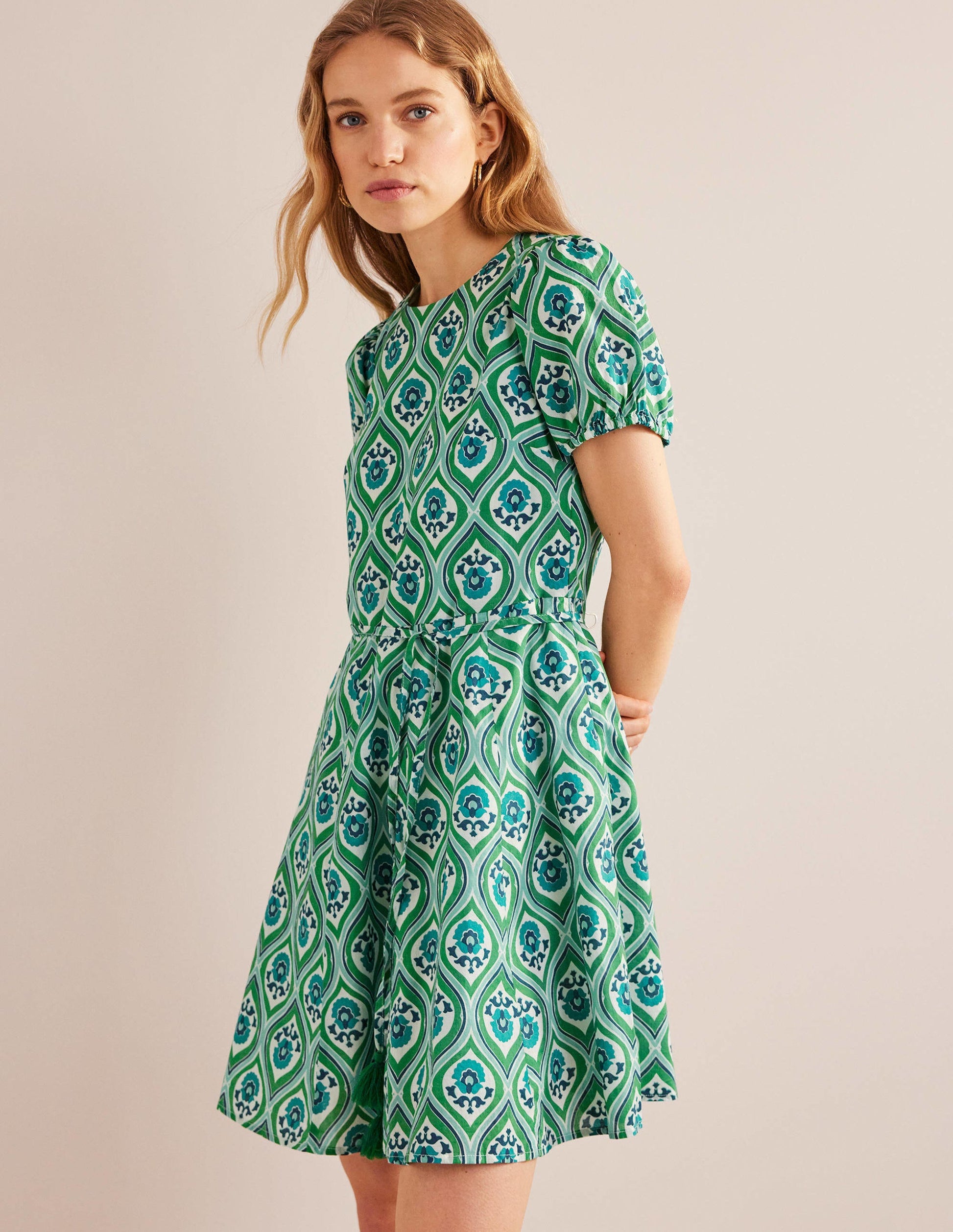Full Skirted Mini Dress-Aquamarine, Geo Cascade-1