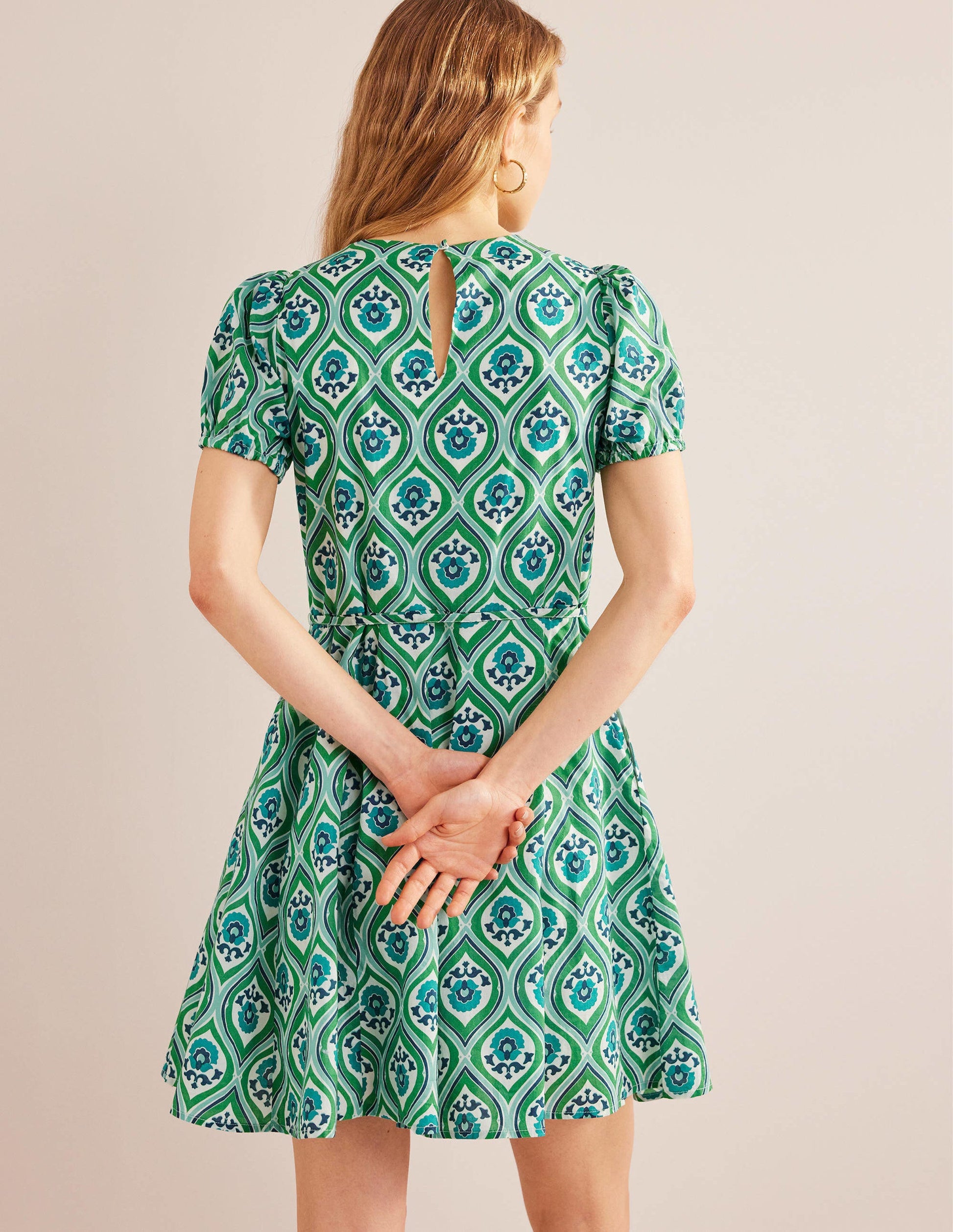 Full Skirted Mini Dress-Aquamarine, Geo Cascade-3