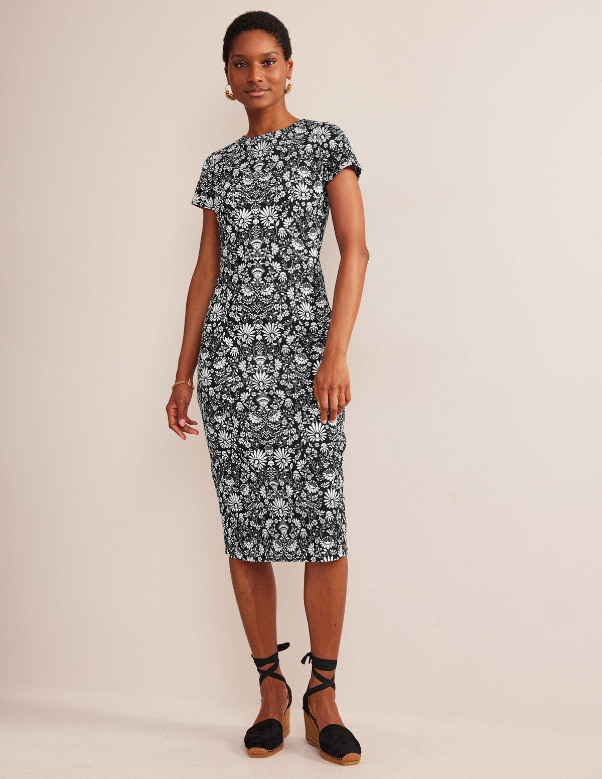Jersey Column Midi Dress-Black, Gardenia Sprig - Image 1