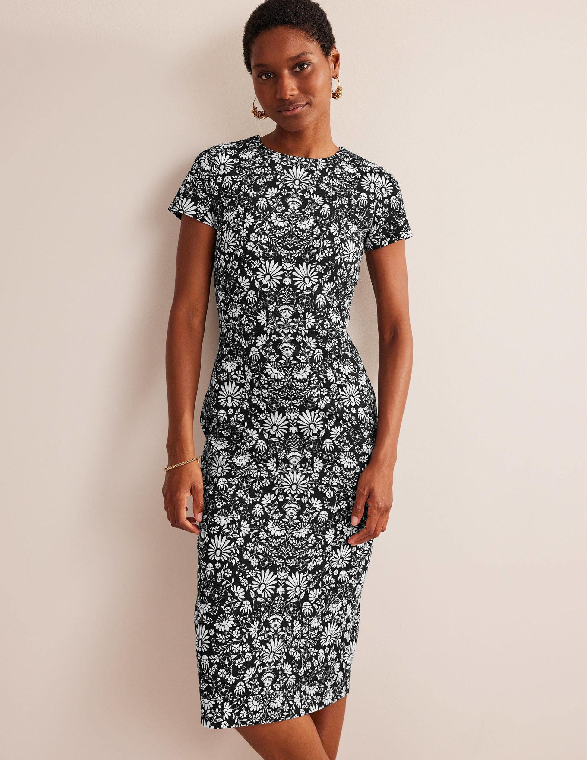 Jersey Column Midi Dress-Black, Gardenia Sprig-4